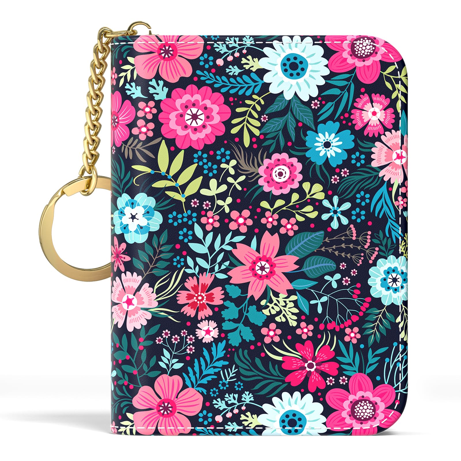 Aiawoxc Credit Card Holder, Small RFID Wallet Slim Leather Card Organizer Case with Zipper and Keychain, Elegant Flowers