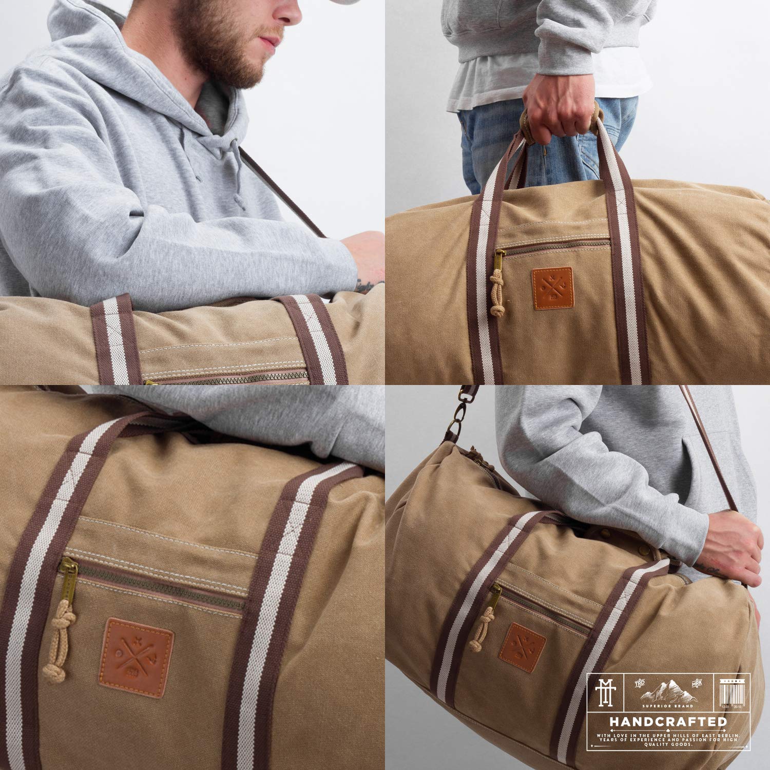 Canvas Barrel Bag - Sporttasche, 45 Liter, Duffel Bag Tasche mit Echt-Leder Veredelung (Manufaktur13) (Sand)