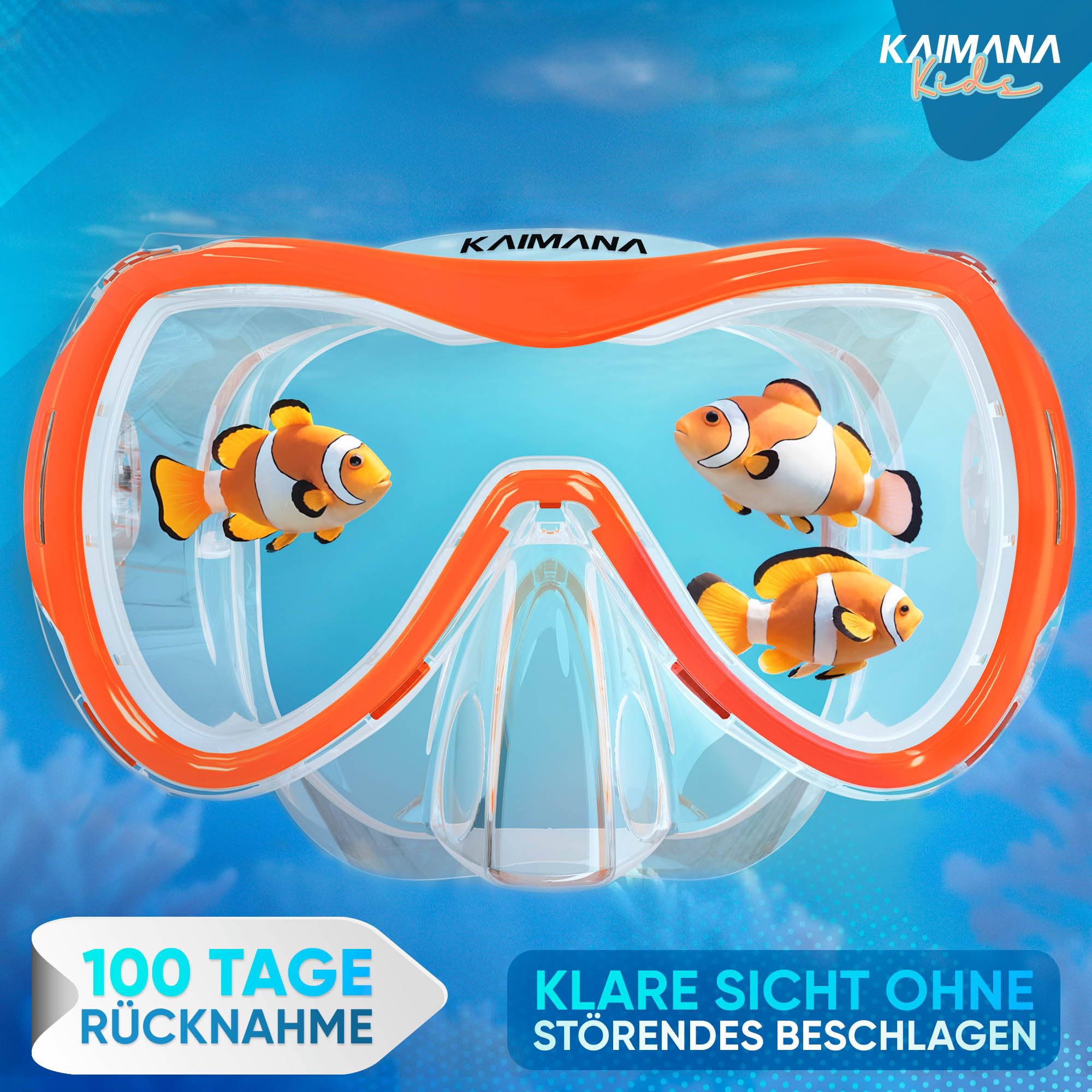 Kaimana® Taucherbrille Kinder inkl. gratis Tragetasche | ab 3 Jahre | extra Bequeme Taucherbrille mit Stoff- / Silikonband | Kinder Schwimmbrille mit Nasenschutz
