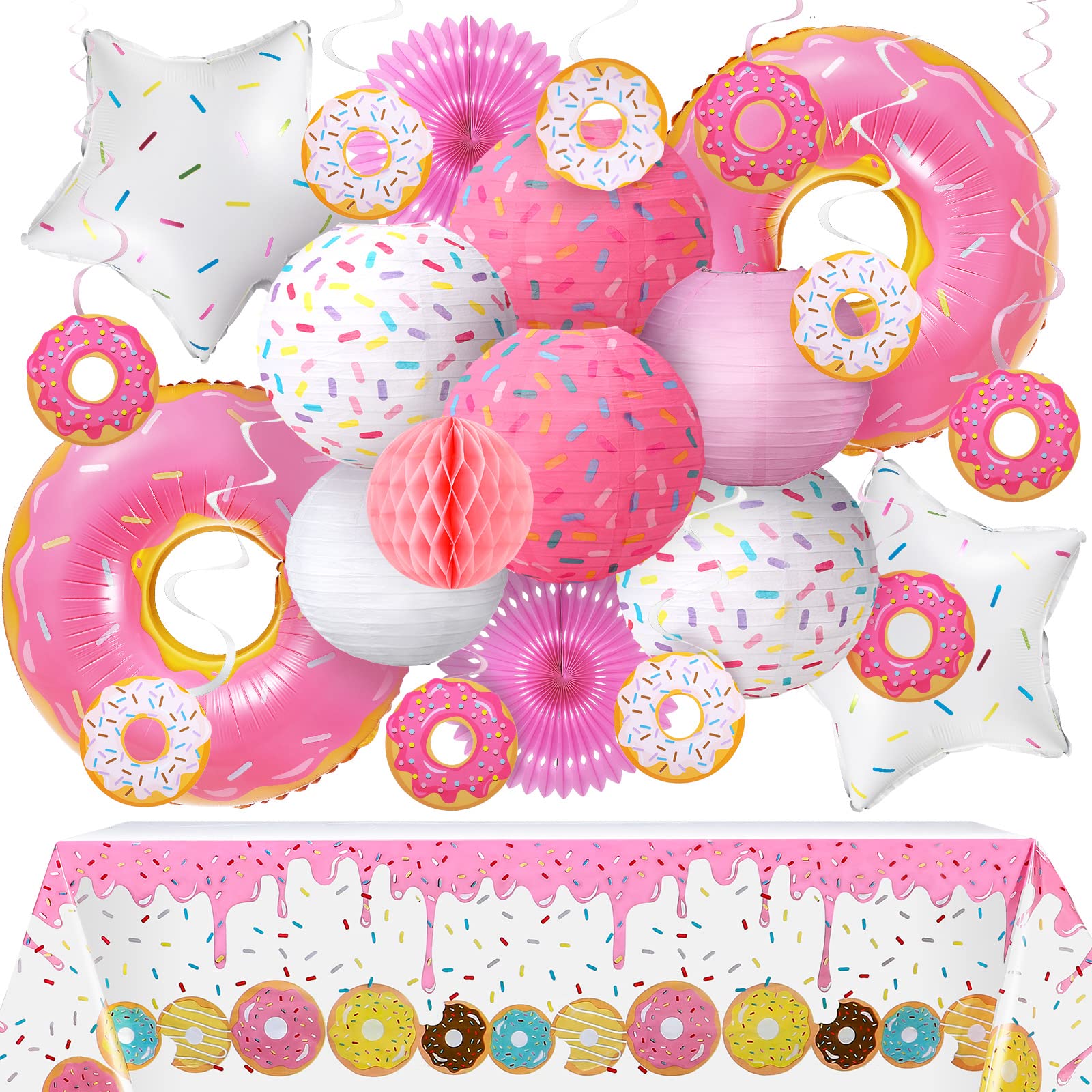 24 Pcs Donut Birthday Party Decorations - Theme Table Cover, 8 Paper Lanterns, Honeycomb Ball, 2 Paper Fans, 10 Hanging Swirls, 4 Balloons Garland for