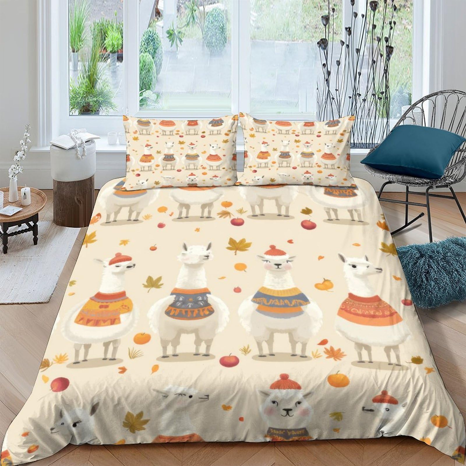 Ctjqhvkz Style-8 3D Printed Cute Llama Fitted Sheet Microfiber Soft Autumn Leaves Mattress Cover For Bedroom Dorm Decorative Bedding Single（135X200cm）