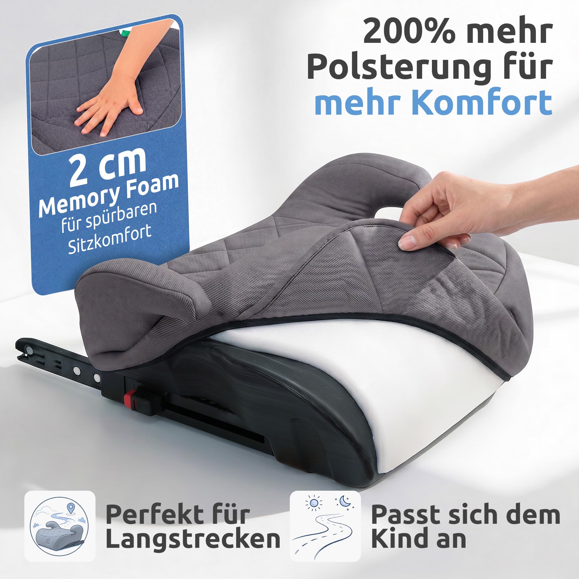 Mallie® Premium Kindersitzerhöhung Isofix mit 2 cm Memory Foam | Sitzerhöhung Auto Kinder 15-36 kg, ECE R129 | Kindersitz Isofix ab 6 Jahre, 125-150 cm (Grau)