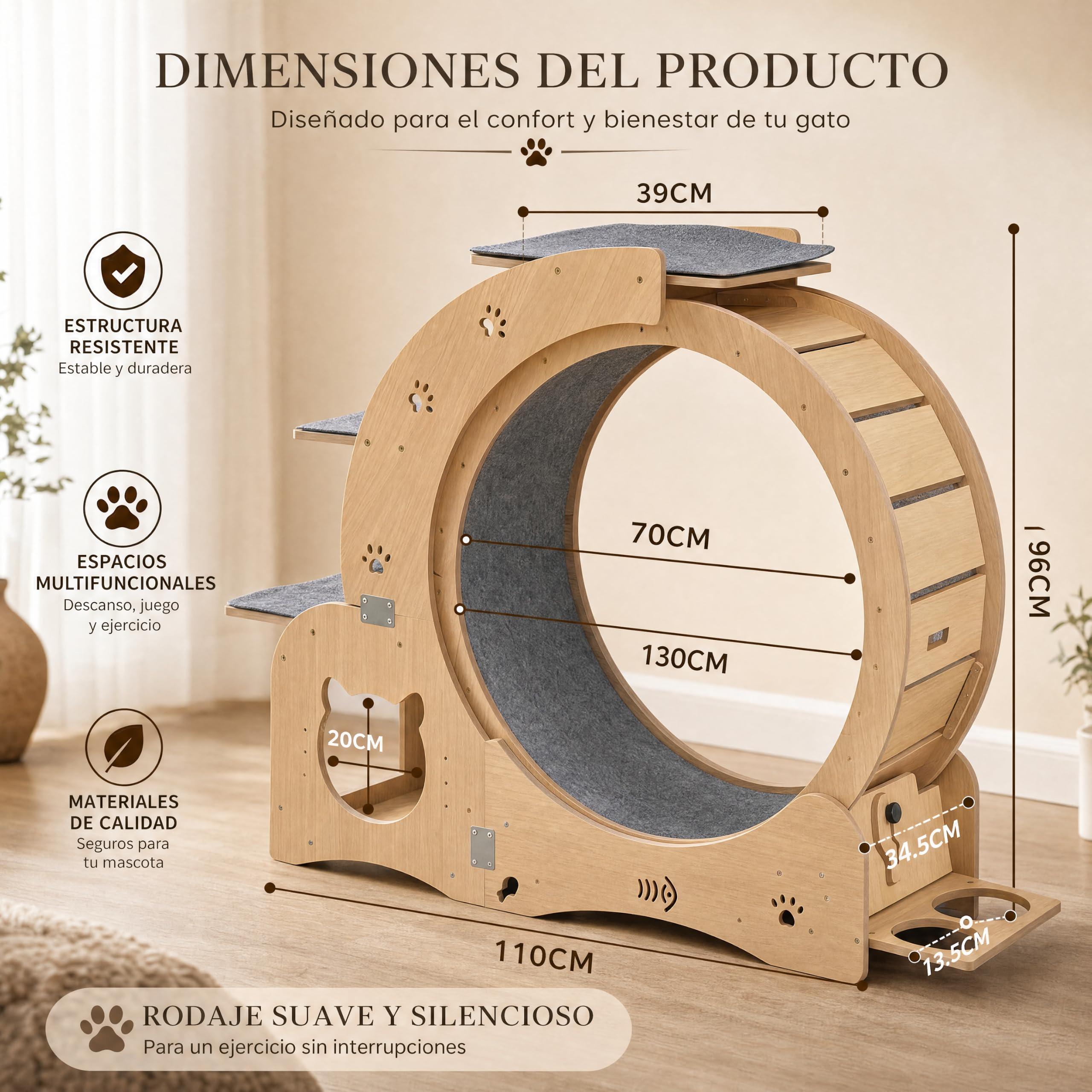 Rueda de Ejercicio para Gatos de Madera Maciza 5 en 1 (100cm) con Casita Integrada, Rascador, Plataformas y Cuencos – Cinta de Correr Silenciosa y Estable para Gatos Grandes y Perros Pequeños