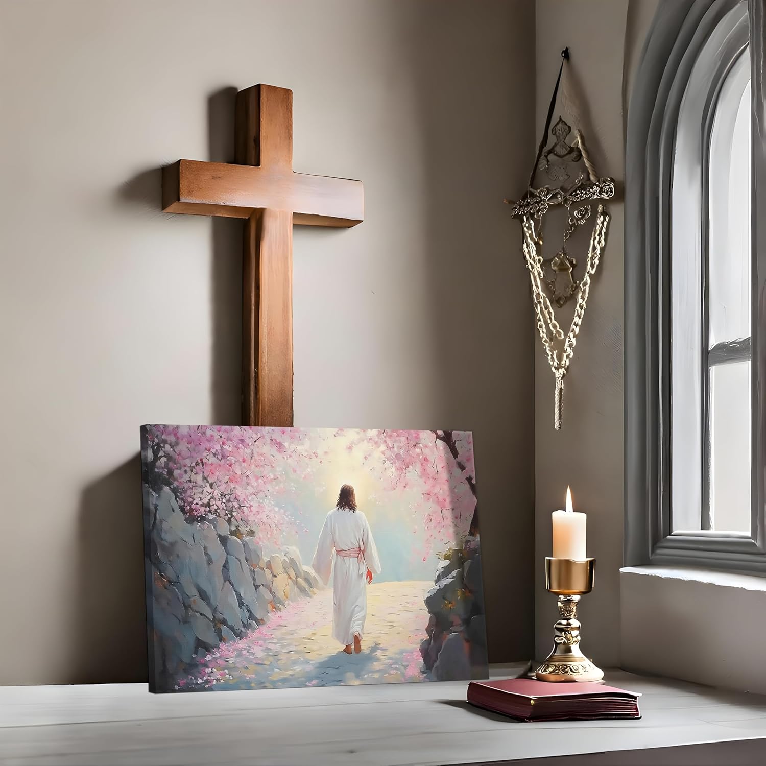 SAMHOU Framed Jesus Canvas Wall Art, Christian Painting Wall Decor Picture, Jesus Walks Under Pink Cherry Blossom Trees Poster Print for Living & Prayer Room Church Home Decor 16x24 inch