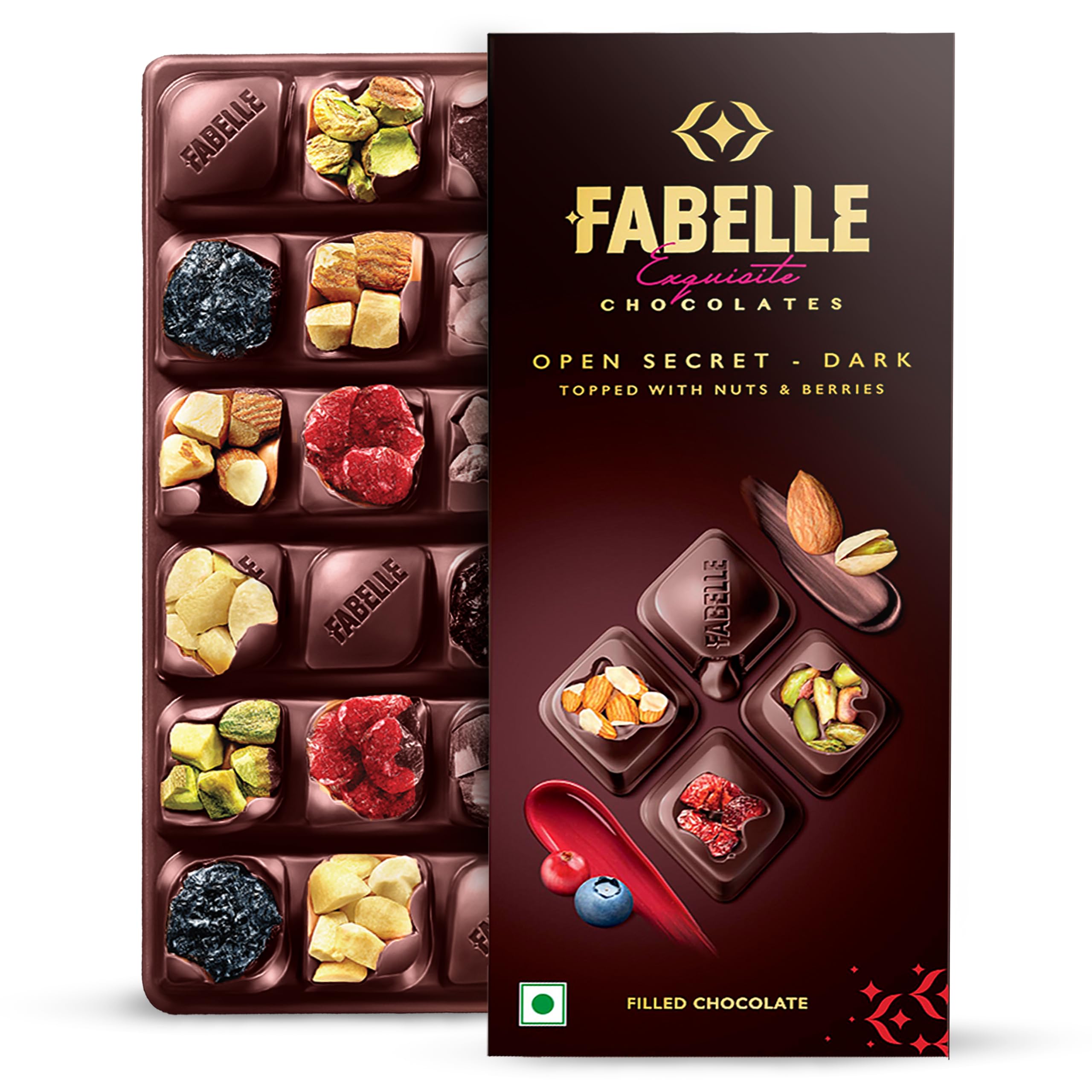 Fabelle Open Secret - Dark, Centre- Filled Luxury Chocolate Bar with Dark Choco Mousse and Visible Nuts & Berries, 125g
