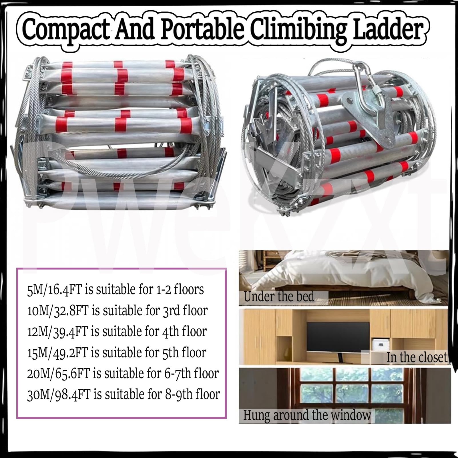 Escalera De Emergencia contra Incendios, Escalera Flexible De Metal con Cables De Acero, Capacidad De 800 Kg, Escalera De Cuerda PortáTil para Emergencias 30m