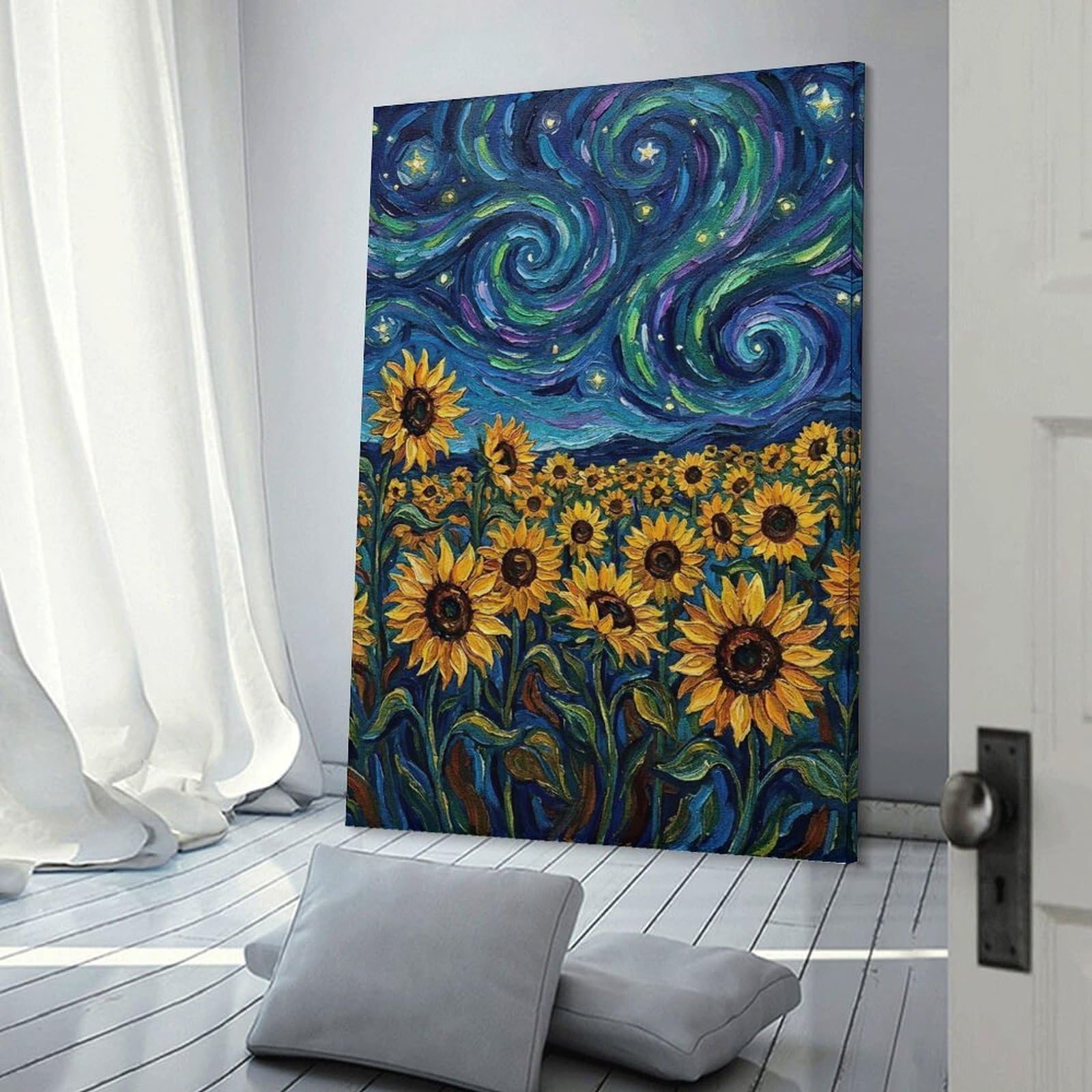 Junmoney Sunflower Field Under Swirling Night Sky Canvas Wall Decor 12x18inch(30x45cm), for Lounge, Study, Hallway Or Flat Walls, Canvas Wall Art That Fits Changing Layouts