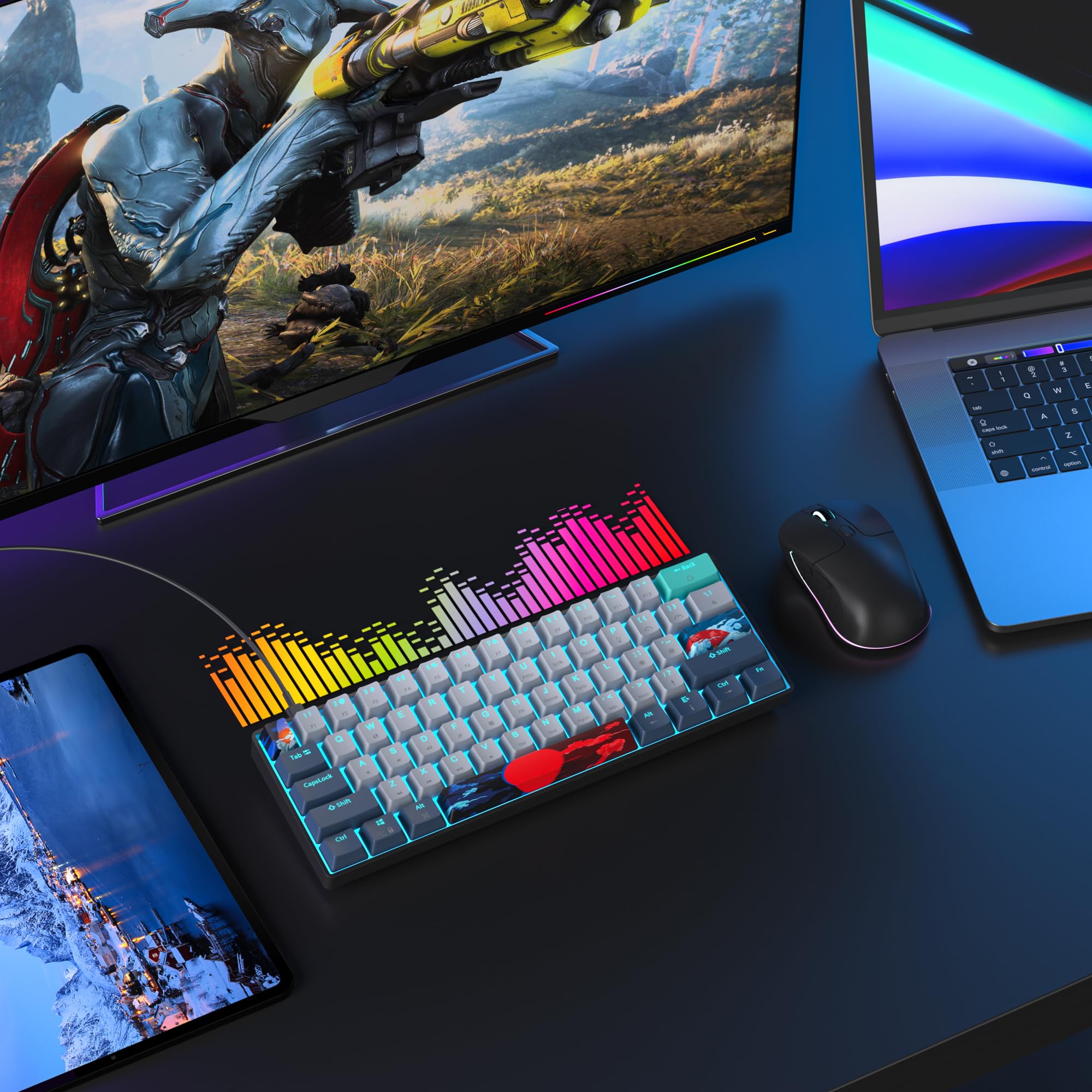 SOLIDEE tastiera da gioco meccanica al 60%,61 tasti con interruttori rossi lineari,Luce blu ghiaccio,tastiera meccanica cablata con retroilluminazione LED,compatta per PS5/PS4/Xbox(61 Shark)