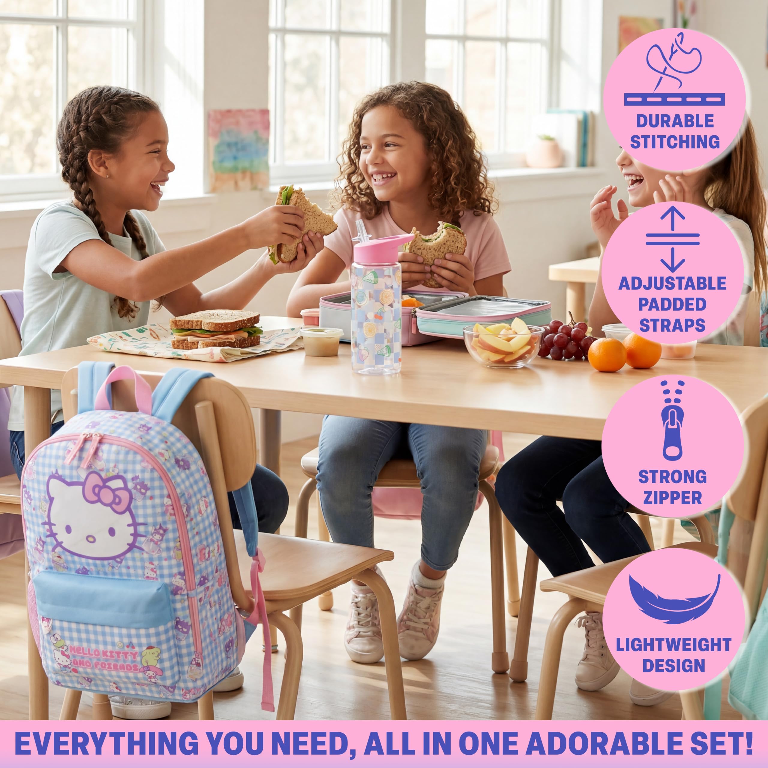 Get Trend Hello Kitty Zainetto Bambina Zip, Zaino Scuola Set con BPA Free Flip Top Borraccia con Cannuccia Idea Regalo Scuola (Multi Hello Kitty)