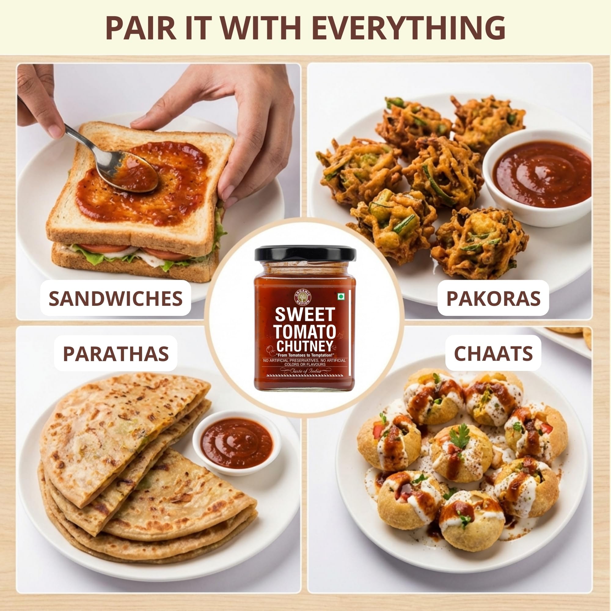 ORGANIC NATION Sweet Tomato Chutney Spicy Ketchup - Perfect Ketchup for Kids, Sweet & Tangy Indian Dip, Natural Ingredients, No Preservatives, Ideal for Snacks, Chaats & Curries, 300g 3