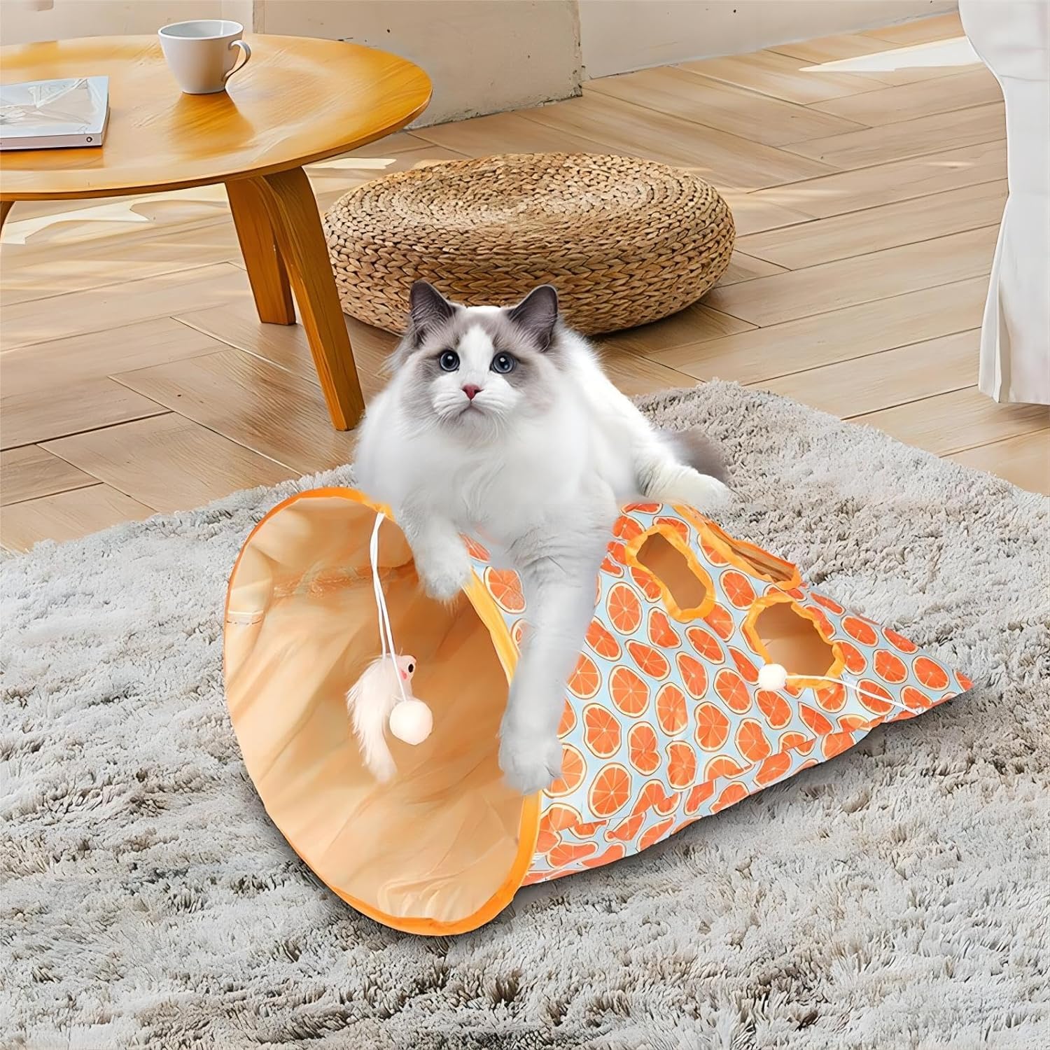 Juguete de túnel plegable para gatos, bolsa plegable para ocultar y jugar para interiores, juguete interactivo de cueva para gatos, con 1 ratón pequeño y 3 bolas de juguete, patrón naranja