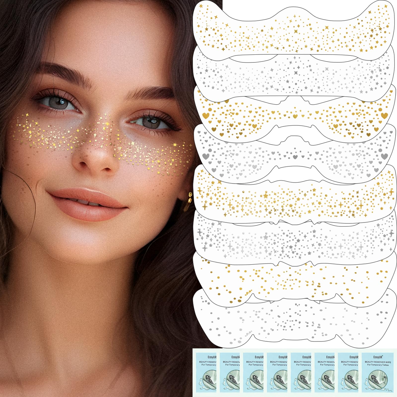 Wugbc Glitter Freckles Face Tattoo Gold 4 Pcs & Silver 4 Pcs, Glow Up Sparkle Freckles Tattoo Sticker for Women Body Metallic Cute Fun Face Glitter