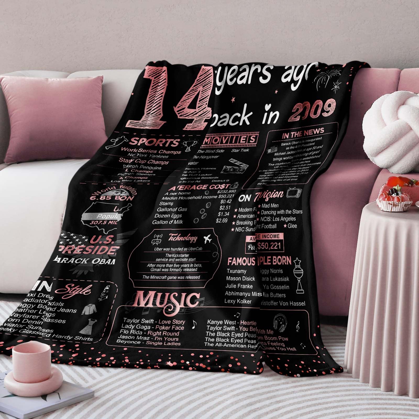 Geburtstagsdecke Für 14-Jährige – Flanell Fleece, 127 X 152 Cm, Personalisiert Mit 'Back In 2009' (Geschenk Für Mädchen/Jungen)