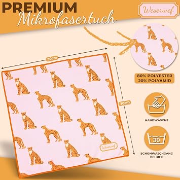 Weserwef® XXL Microfibre Cloth Glasses Cleaning Cloths in Optician Quality 30 x 30 cm (Leo in Pink)