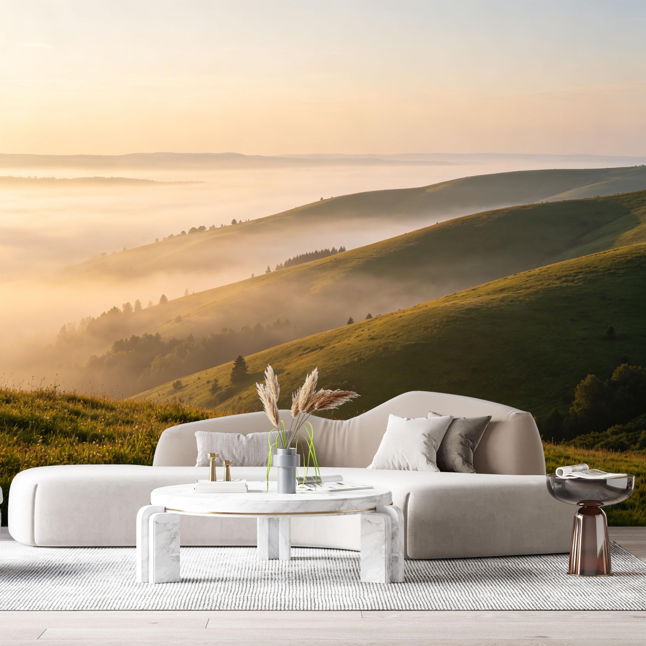 Custom Size Wall Murals Sunrise Mountain Landscape Misty Hills Oil Painting Forest Valley SelfAdhesive Wall Fabric Removable Large Wallpaper for Photo Living Room