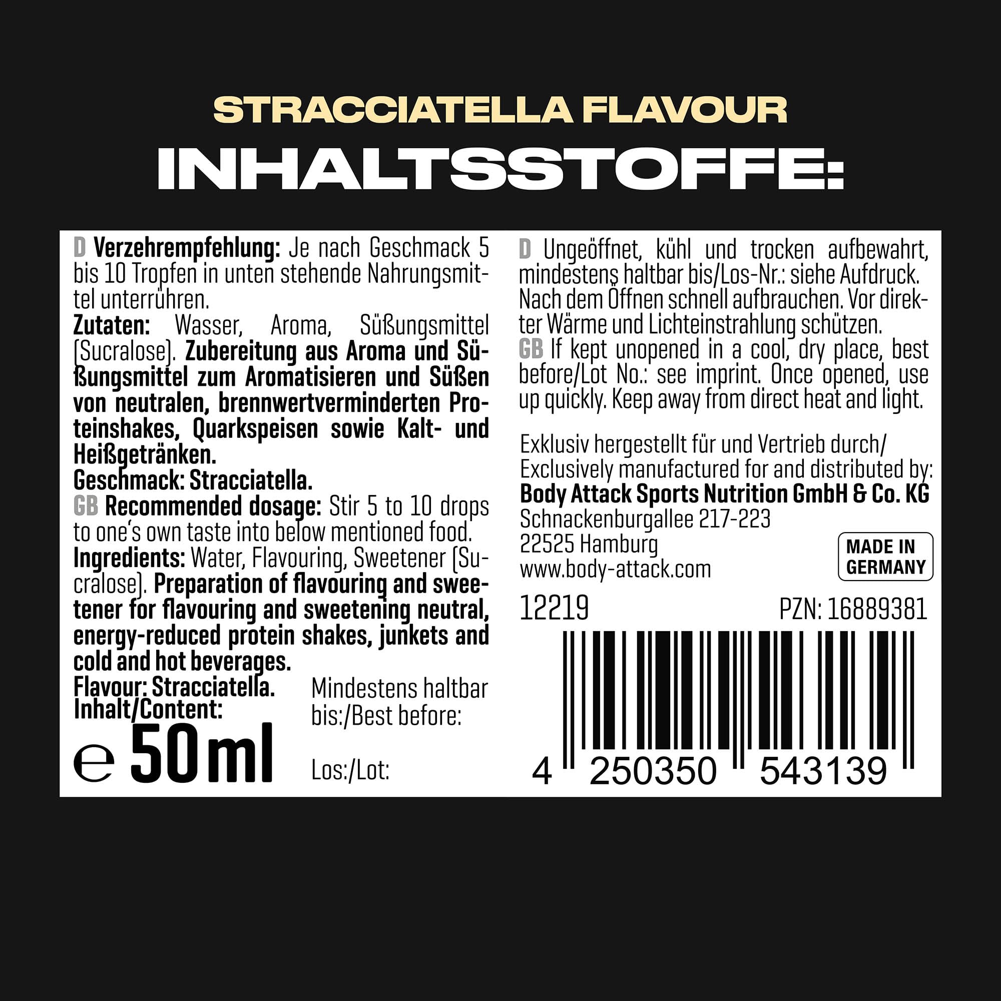 Body Attack Nutrition - Gotas De Sabor (50 Ml) - Aromas y edulcorantes - Sabores sin calorías - Stracciatella