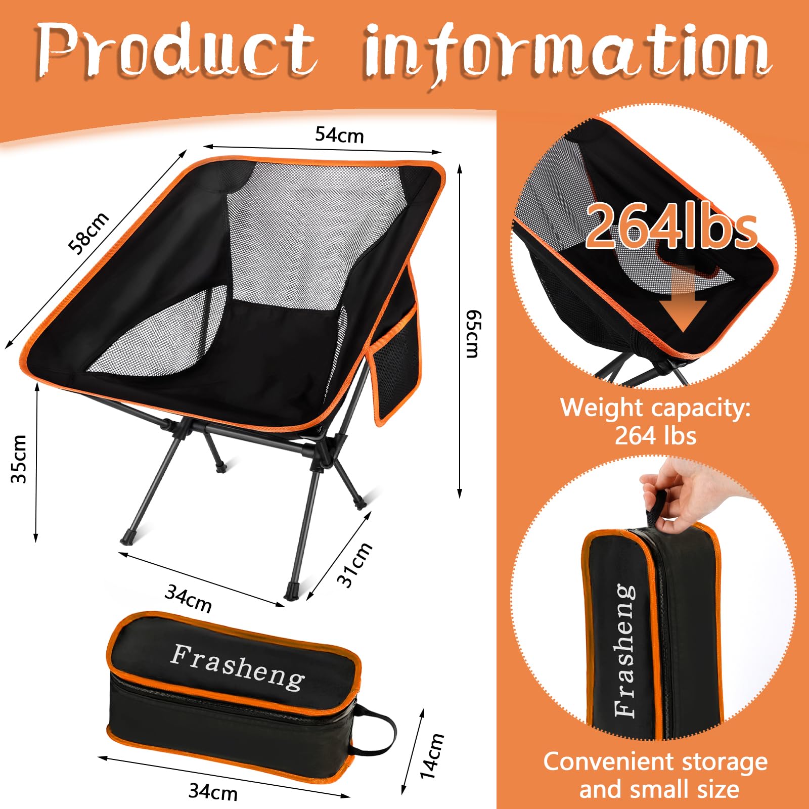 Frasheng Sedia da Campeggio Pieghevole Leggera, Portatile, con Borsa da Trasporto, Carico Massimo 120 kg, per Esterni, Picnic, Spiaggia, Giardino, Pesca