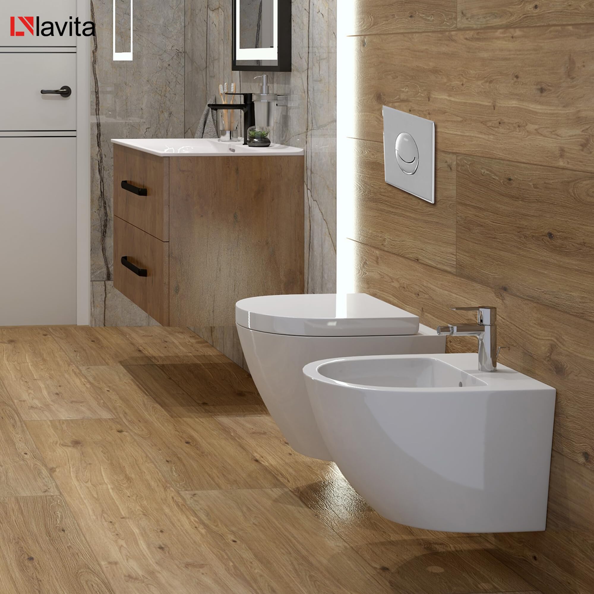 LAVITA Vorwandelement Solido Start + Wand Hänge WC Sogo Weiß Spülrandlos + + WC Sitz mit Absenkautomatik Verchromter Knopf Komplettset Unterputz Spülkasten Toilette Komplett Sett WC