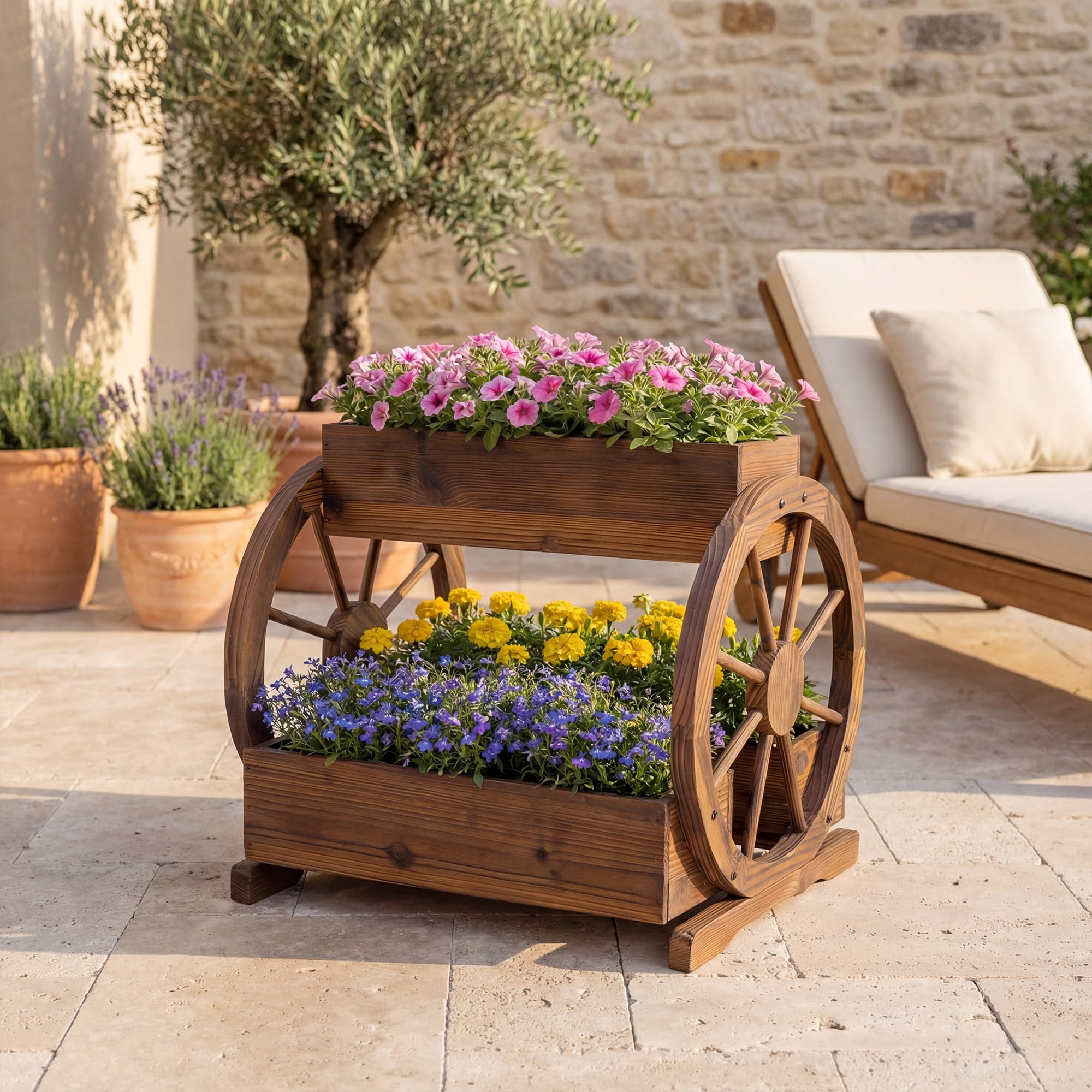 HOMASIS Jardinière Surélevée à 2/3 Niveaux en Bois, Bacs à Fleurs en Forme de Chariot avec roulettes, Trous de Drainage et Gants, pour Jardin, Balcon, Terrasse, Marron (61,5 x 55 x 59 cm)