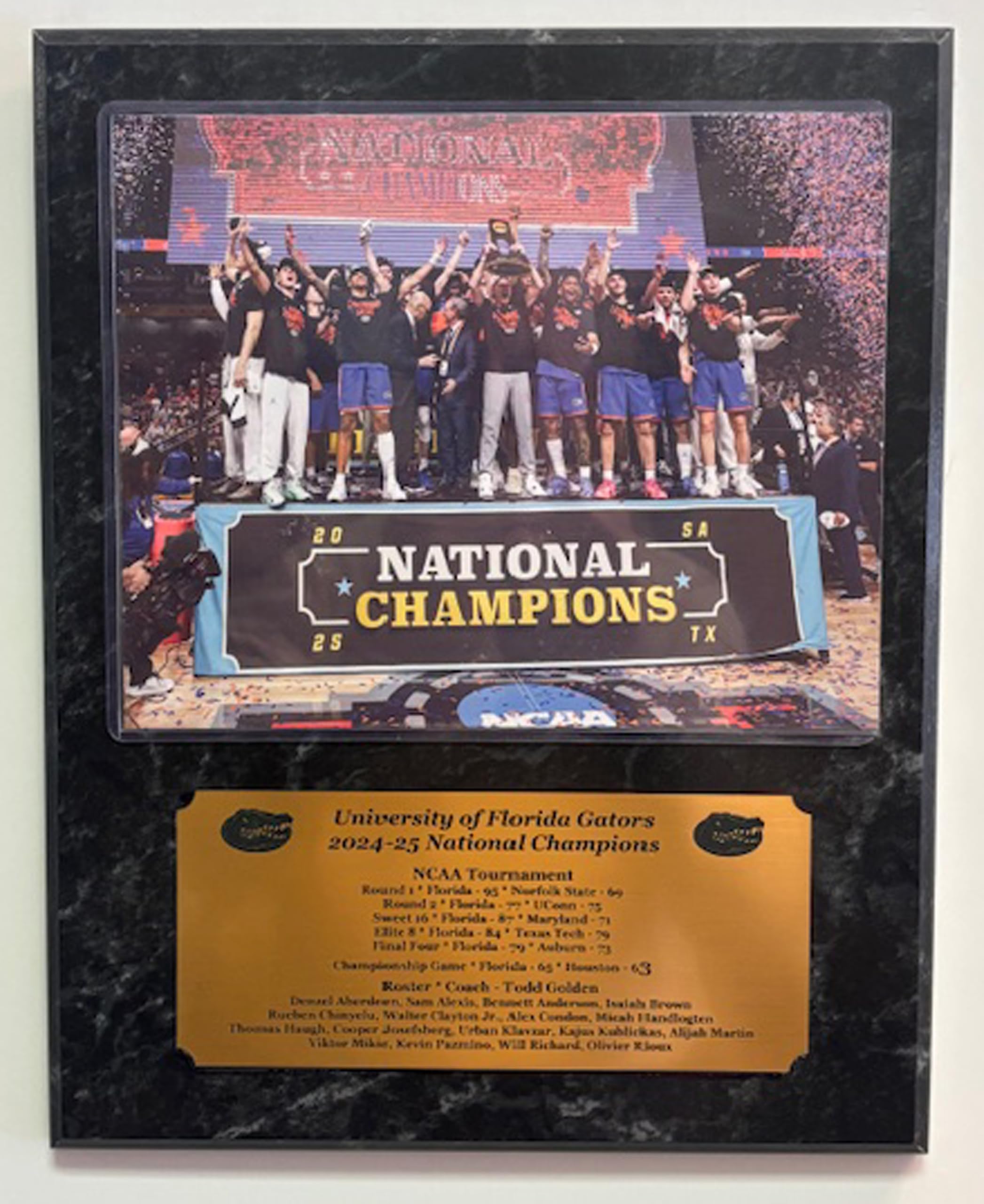 Florida Gators 2024-25 NCAA National Champions 8x10 Photo Plaque with engraved nameplate with playoff results and team roster (Black Marble)
