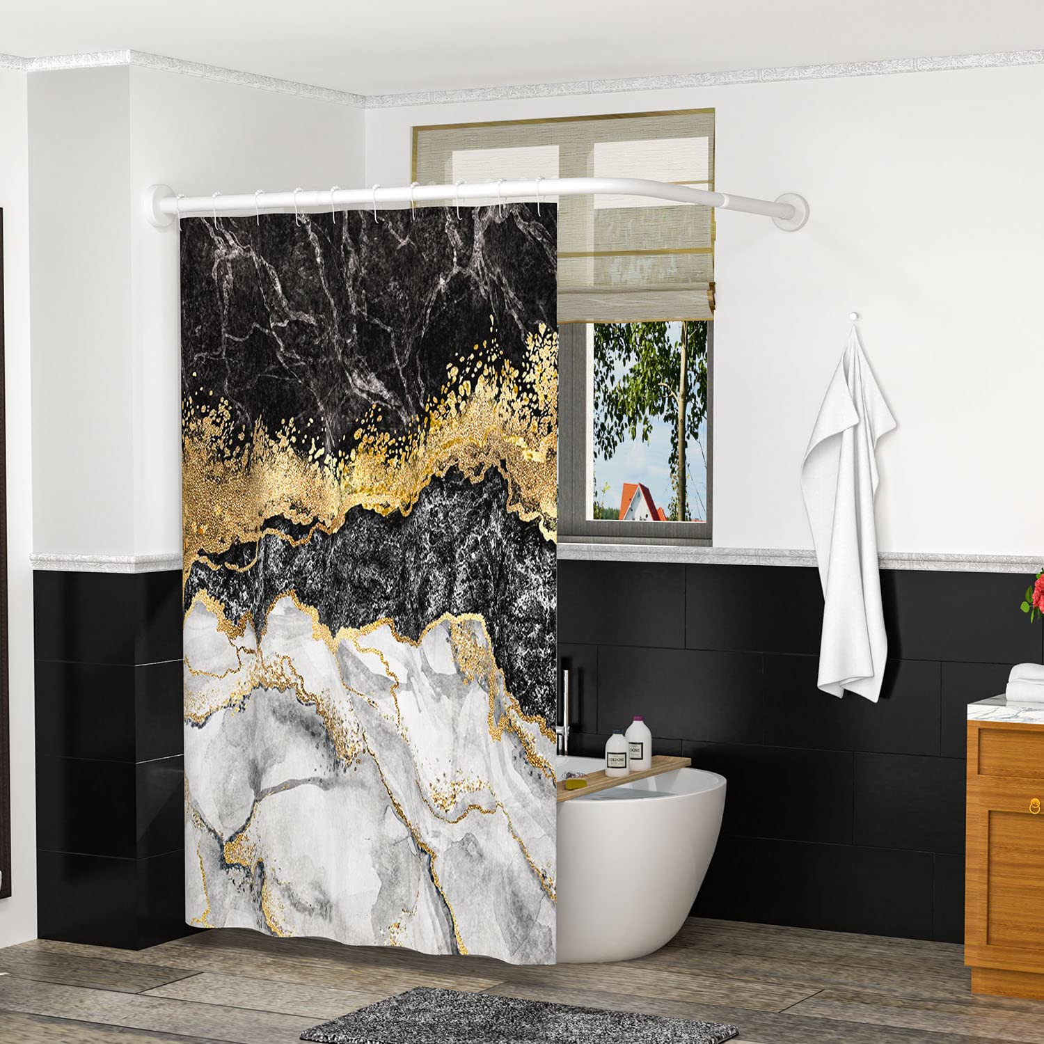 Dehnbare 304 Edelstahl L-förmige Badezimmer-Eck-Duschvorhangstange (große Größe: Weiß 70-100 x 120-165 cm)
