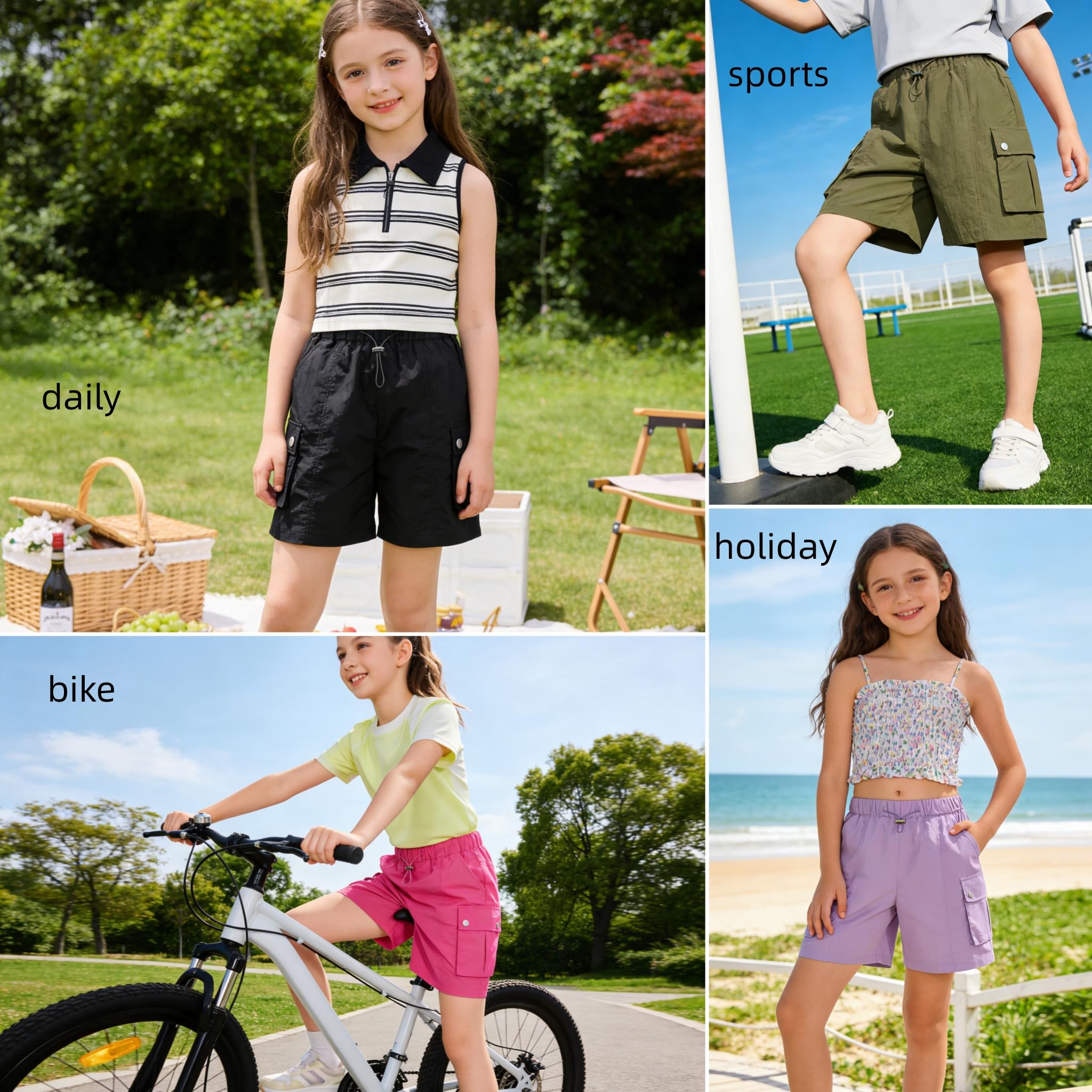 Rolanko Enfant Shorts Fille Sport Actif Èté Cargo Bermudas Shorts pour Ado Course Gym Pantalon Court Parachute