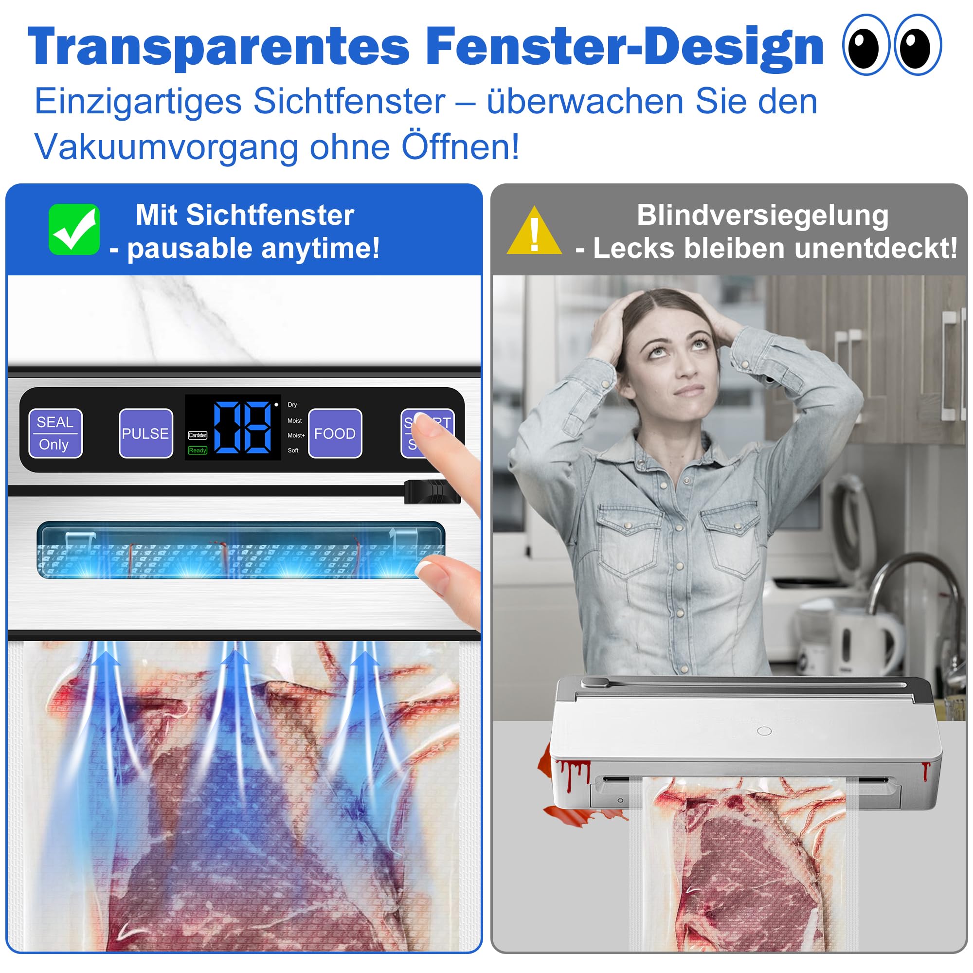 Vakuumiergerät 7 in 1 Profi mit Doppelter Schweißnaht, Cutter und Digitalem Countdown, 50 Beutel