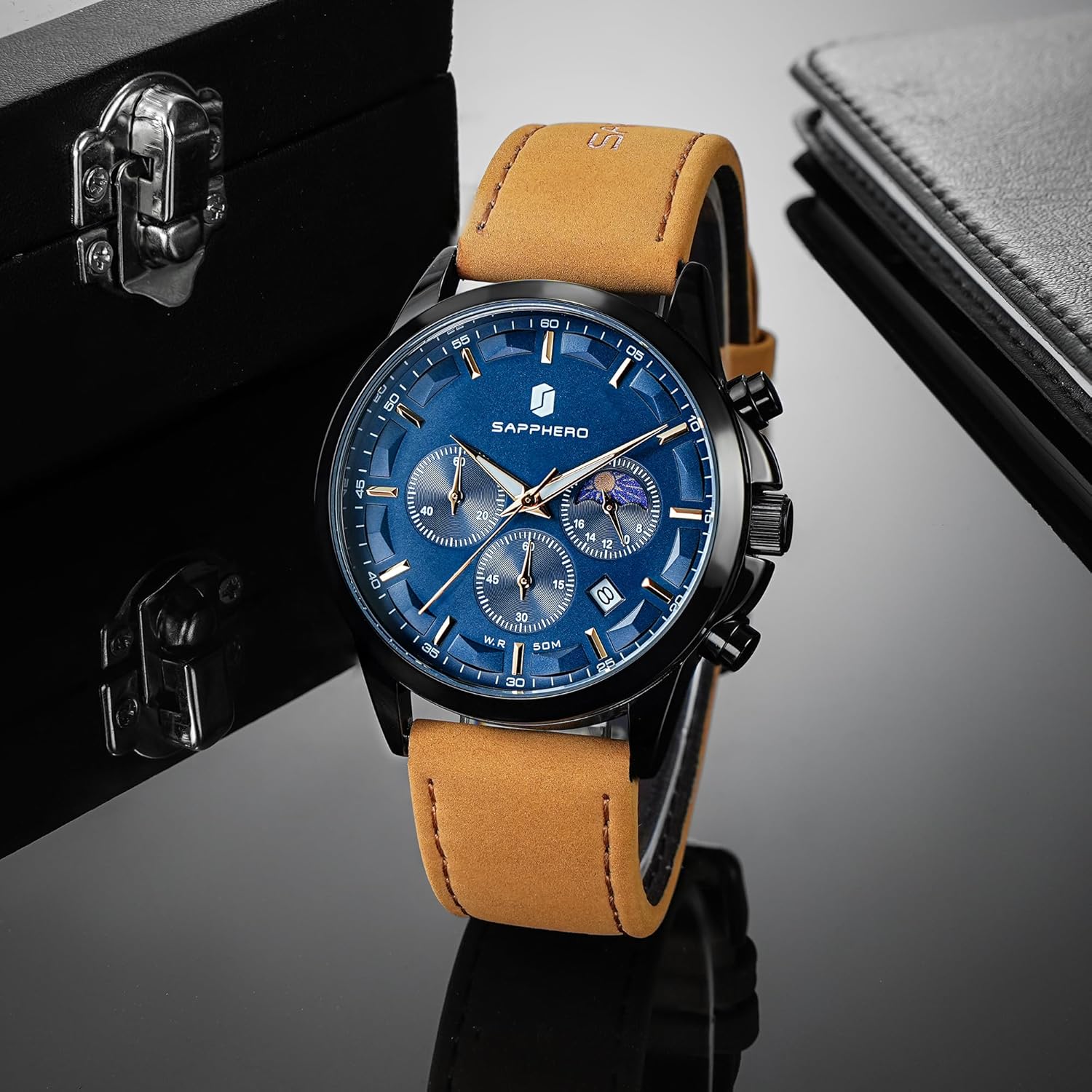 BENYAR Men's Watches Chronograph 50M Waterproof Watch for Men Business Work Sports Casual Fashion Brown Leather Dress Wrist Watch Unique Elegant Gifts for Men - Image 5