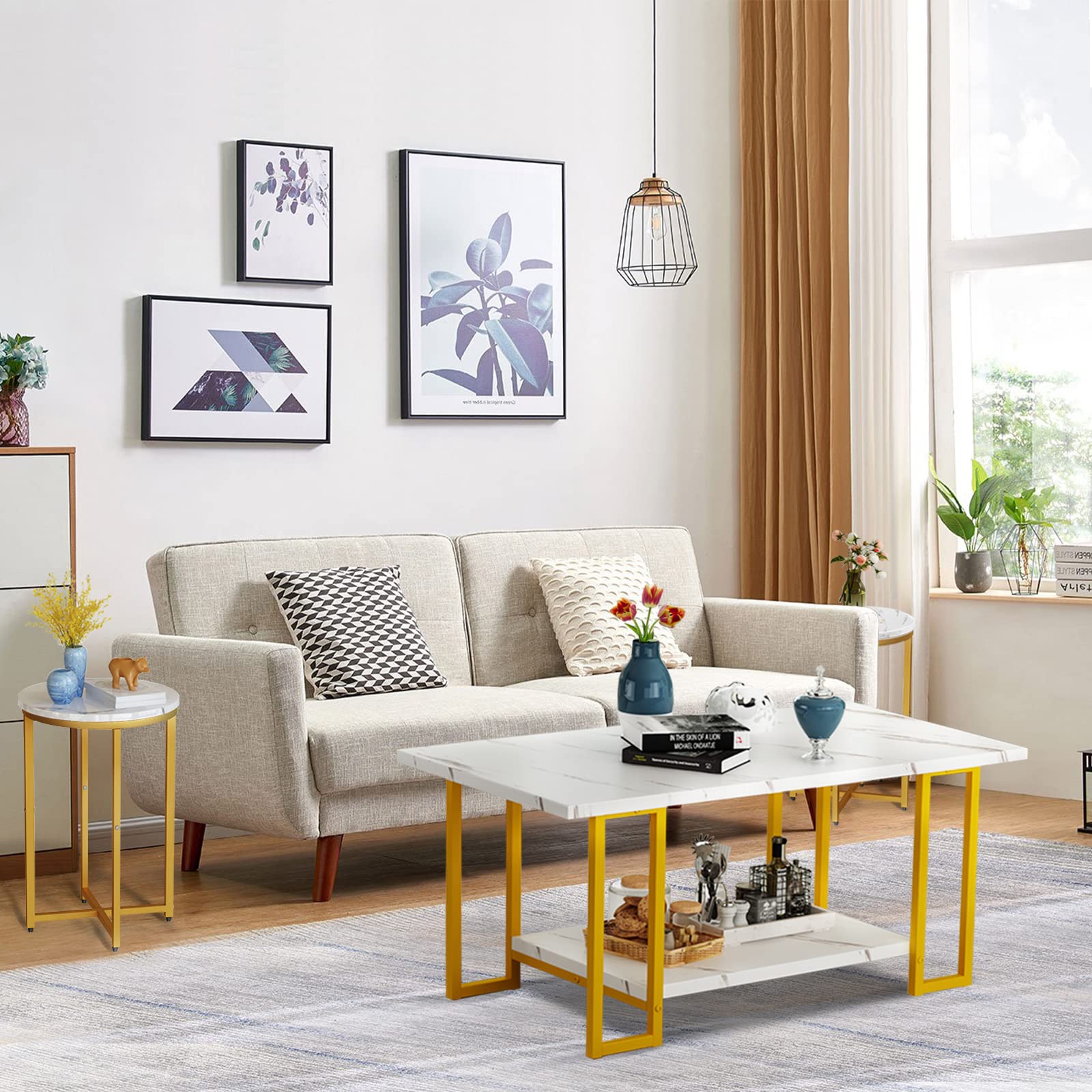 AWQM Coffee Table Set of 3, Faux Marble Coffee Table with 2 Round End Side Tables, Modern Living Room Table Set with Metal Frame for Apartment Home Office, Gold White
