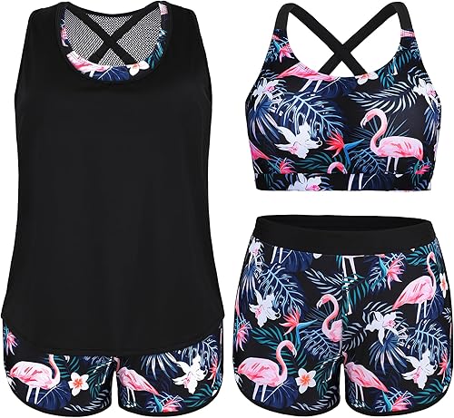 Miniatura 4 de NIeyook Traje de baño tankini de 3 piezas para mujer, talla grande, con pantalones cortos y brasier deportivo