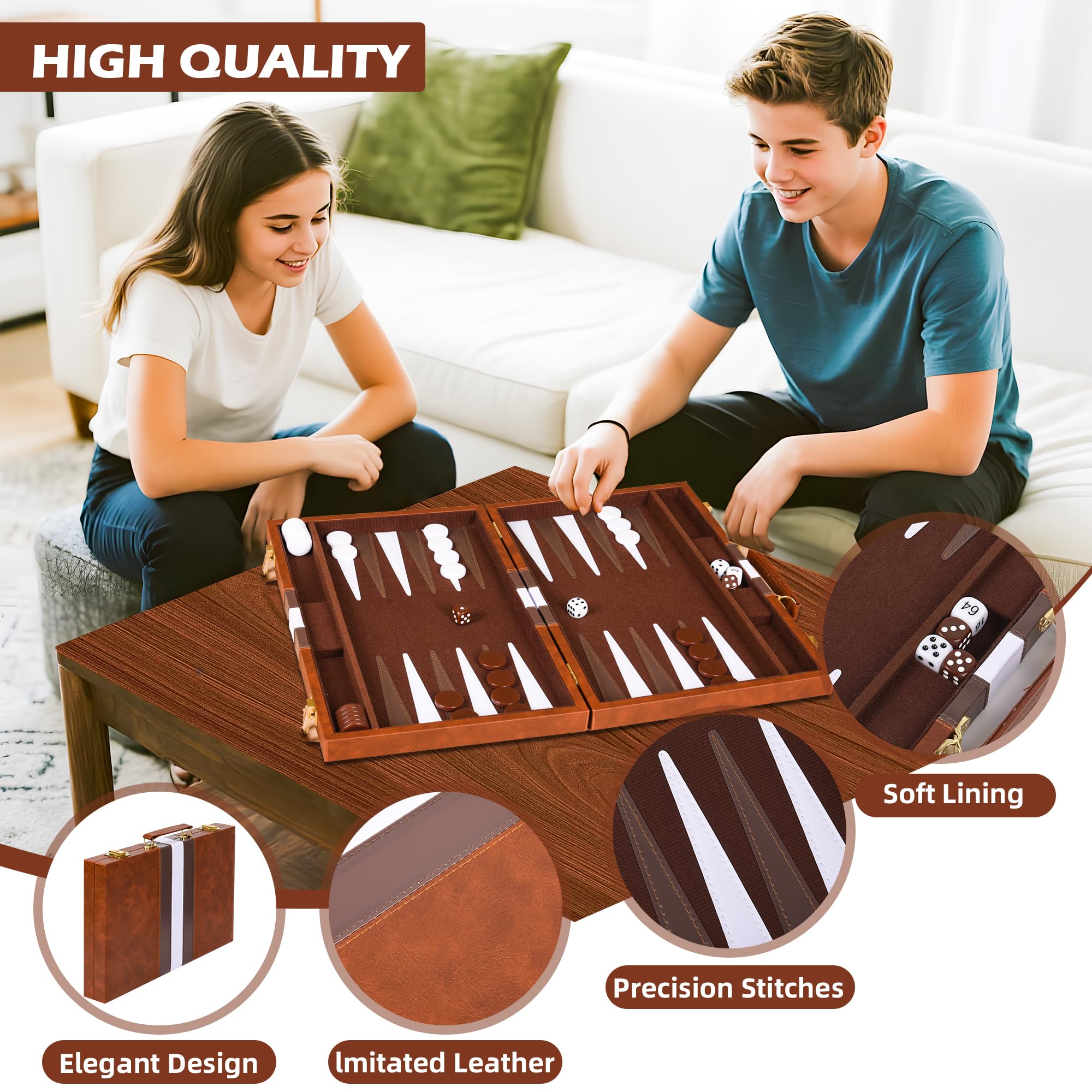 Backgammon Portatile 18 Pollici con Custodia in Ecopelle - Set da Viaggio Elegante, 30 Pedine + 4 Dadi - Gioco Classico Regalo per Adulti (Marrone) (18 pollici)
