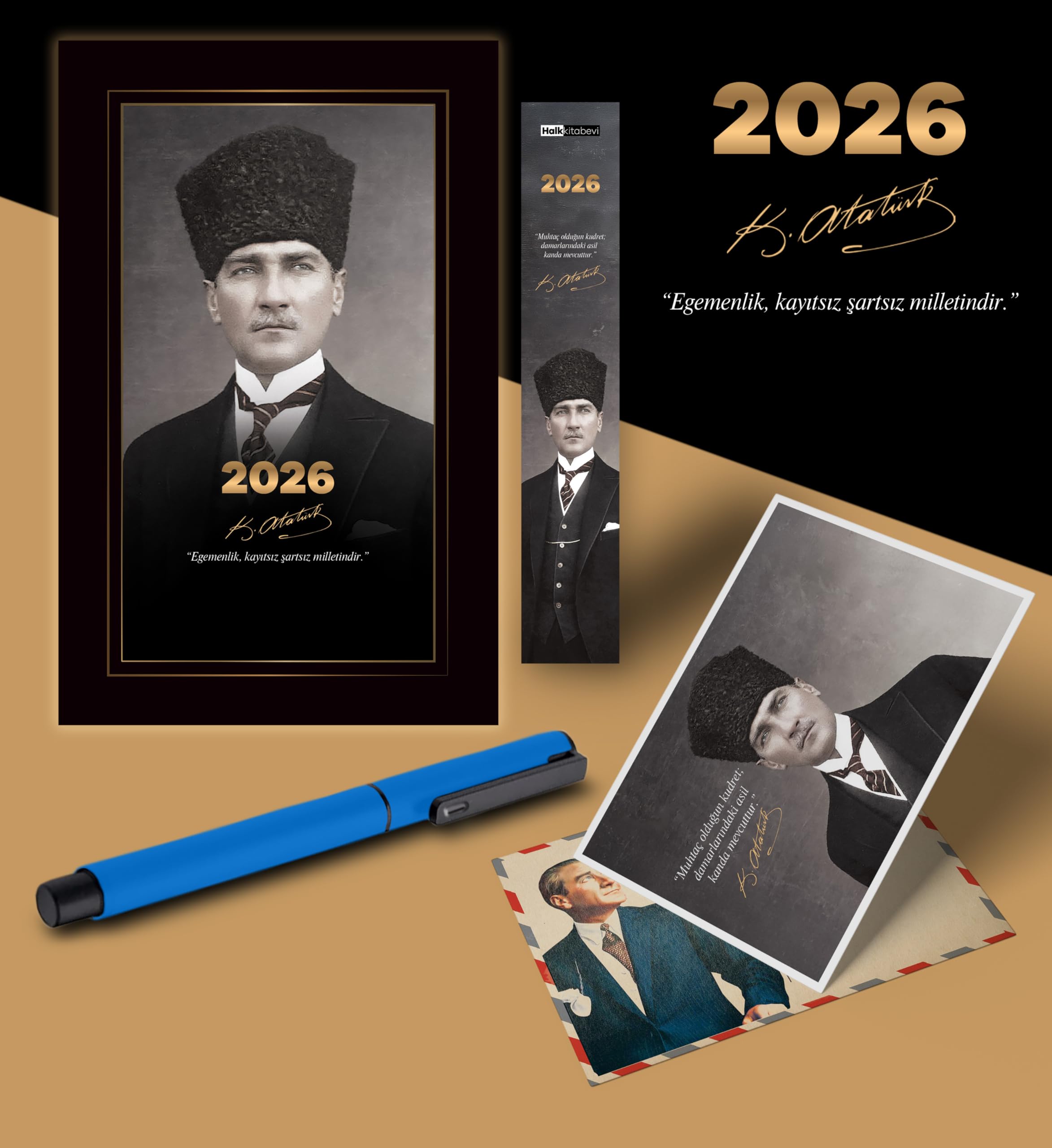 2026 Kalpaklı Atatürk Ajandası Ayraç Kartpostal Kalem - Mavi