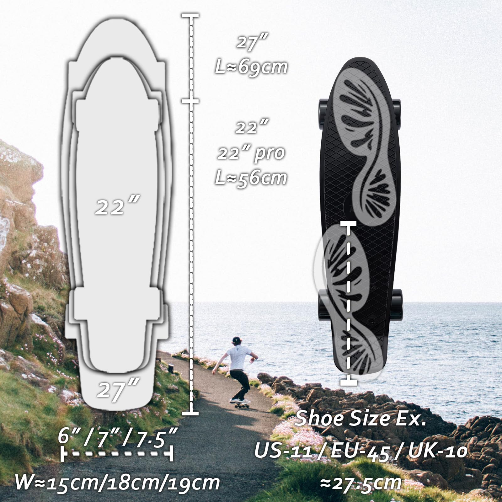 KMX Skateboard Mini Cruiser Classico 22 e 27 Pollici per Bambini, Studenti, Adulti, Principianti ed Esperti | Portatile, Cuscinetti Scorrevoli, Grandi Ruote PU, Truck Lega Alluminio