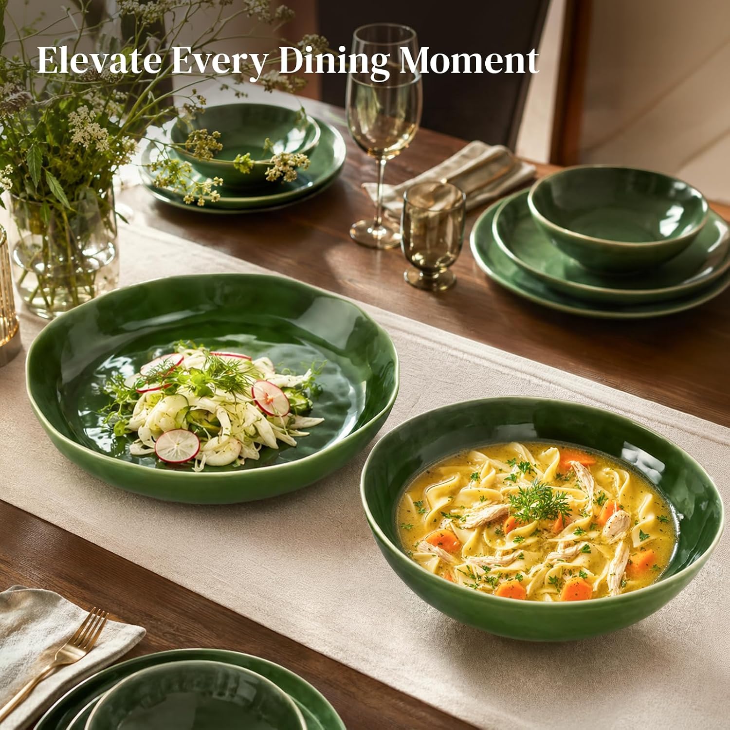 DOWAN Large Serving Bowls Set of 2, Reactive Glaze Decorative Bowls for Parties & Entertaining, 12" & 16" Ceramic Serving Dishes for Salad, Fruit, Pasta - Earth Green