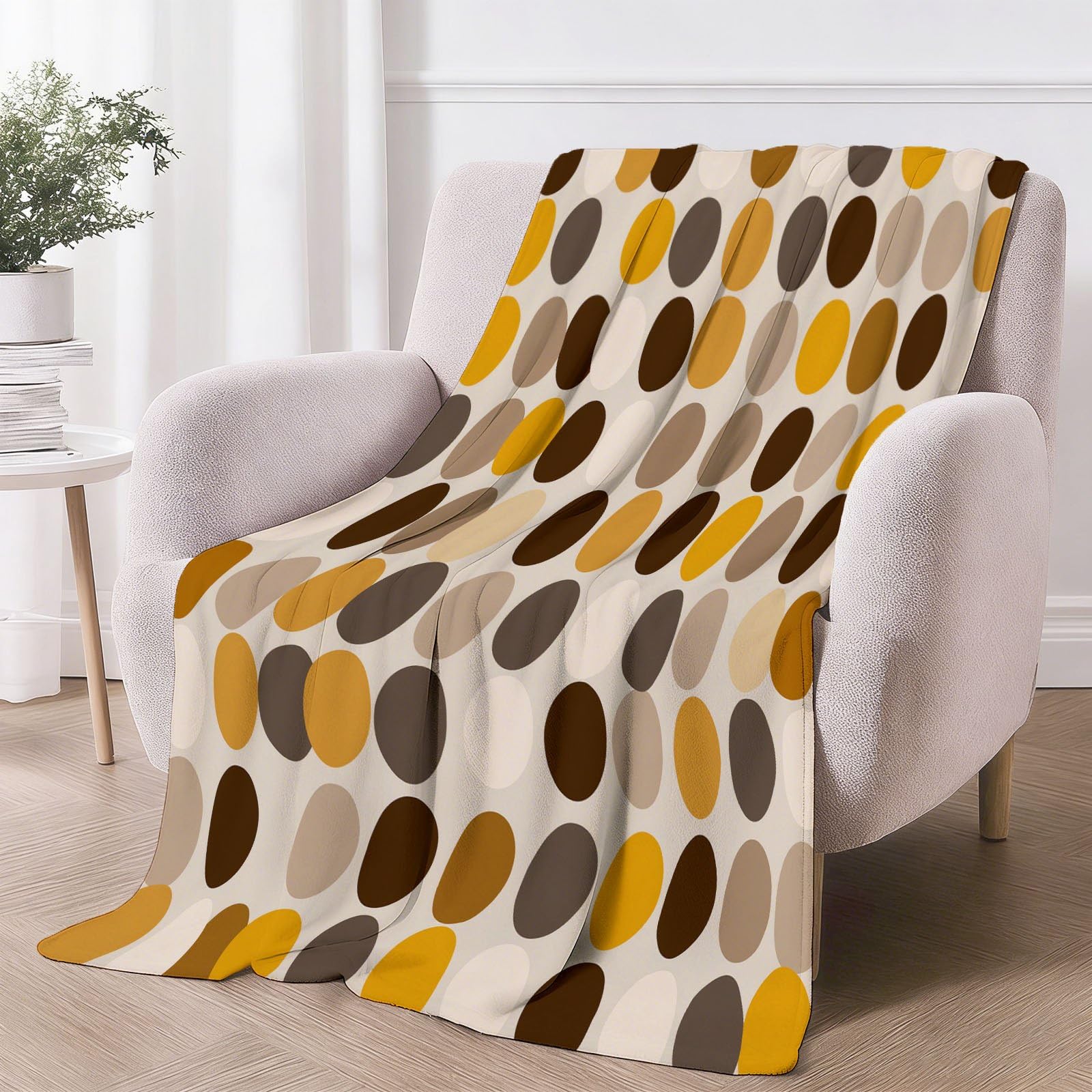 Przytulny koc 180 x 220 cm, koc polarowy w stylu retro, geometryczny nadruk, flanelowy, miękki, ciepły, puszysty koc w kropki, koła, na kanapę, sofę, do biura, łóżka, w podróż, brązowo-żółty