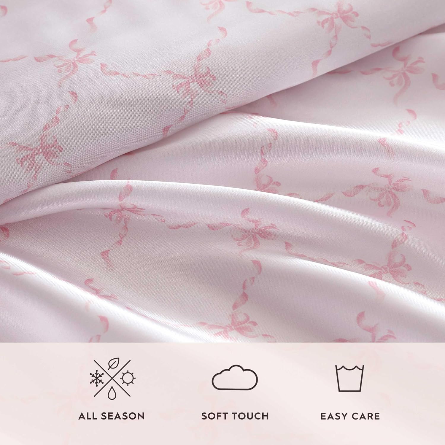 Laura Ashley - Queen Bed Sheets, Printed Satin Bedding with Matching Pillowcases, Deep Pocket, Lightweight for Year-Round Use, Oeko-Tex Certified (Bow Ribbon Pink)