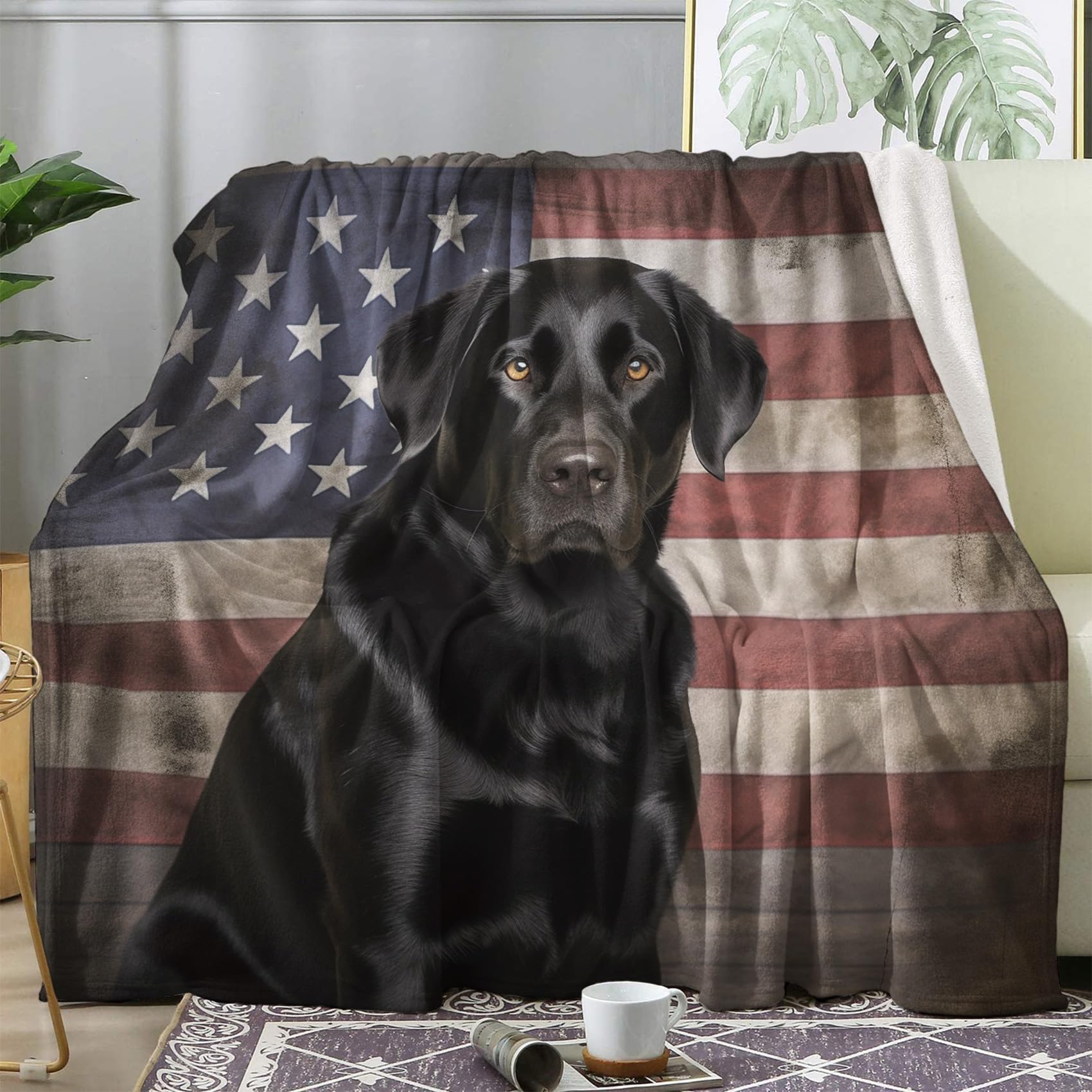 Labrador Blanket, Black Lab Dog American Flag Fleece Throw Blanket Twin Size for Couch Bed Sofa, Vintage USA Flag Blankets and Throws, Decor & Gifts, Soft Plush Flannel Blanket, 60x80