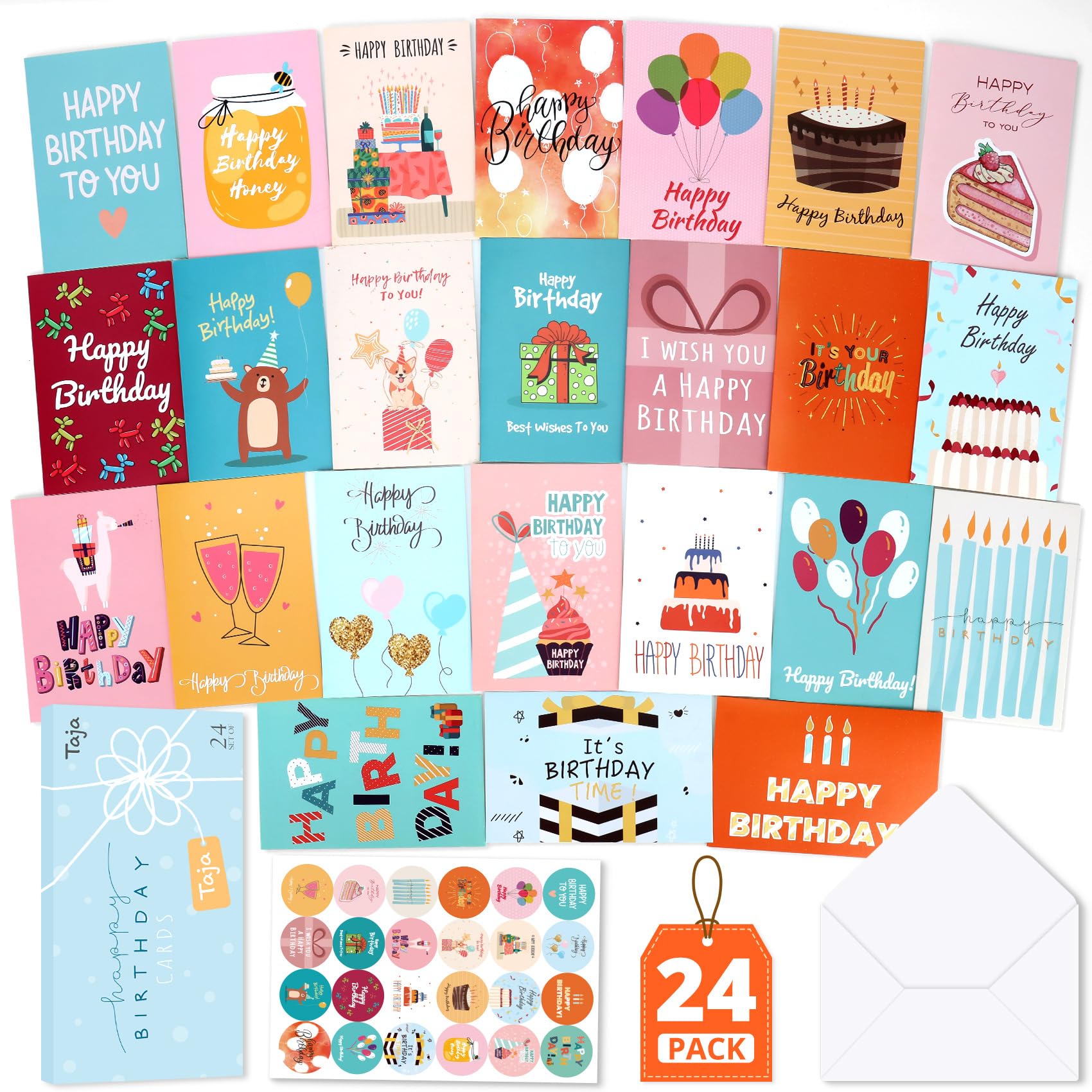 Taja Happy Birthday Cards Bulk, 24 Pack, 4x6 Inches Assorted Blank Birthday Cards with Envelopes & Box, Bulk Birthday Cards Set for Kids, Friends, Family and Office - Multicolor