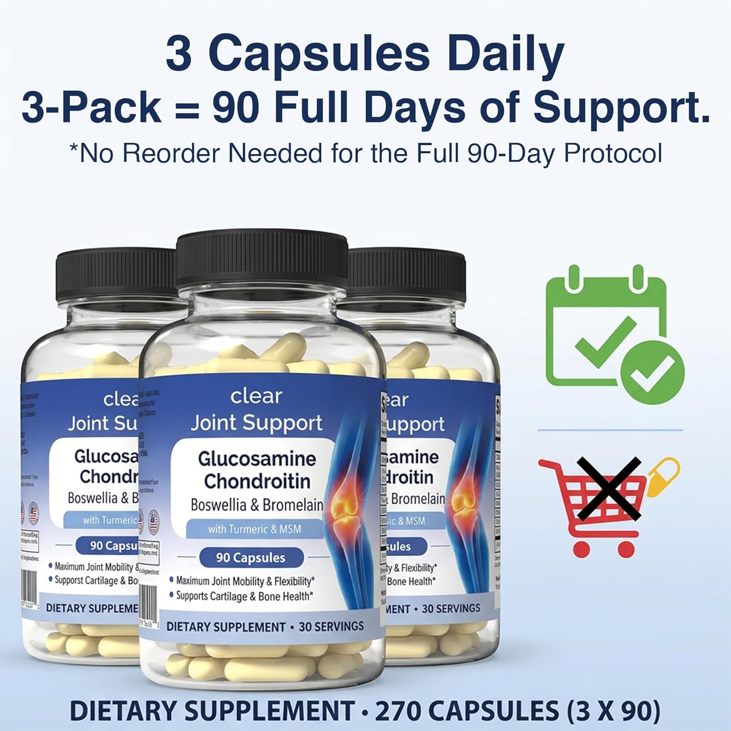Clear Joint Support | 3 Bottle Value Bundle, 90-Day Supply (270 Capsules) | Glucosamine Chondroitin MSM, Turmeric & Boswellia | Supports Knee, Hip & Back Health | Made in USA