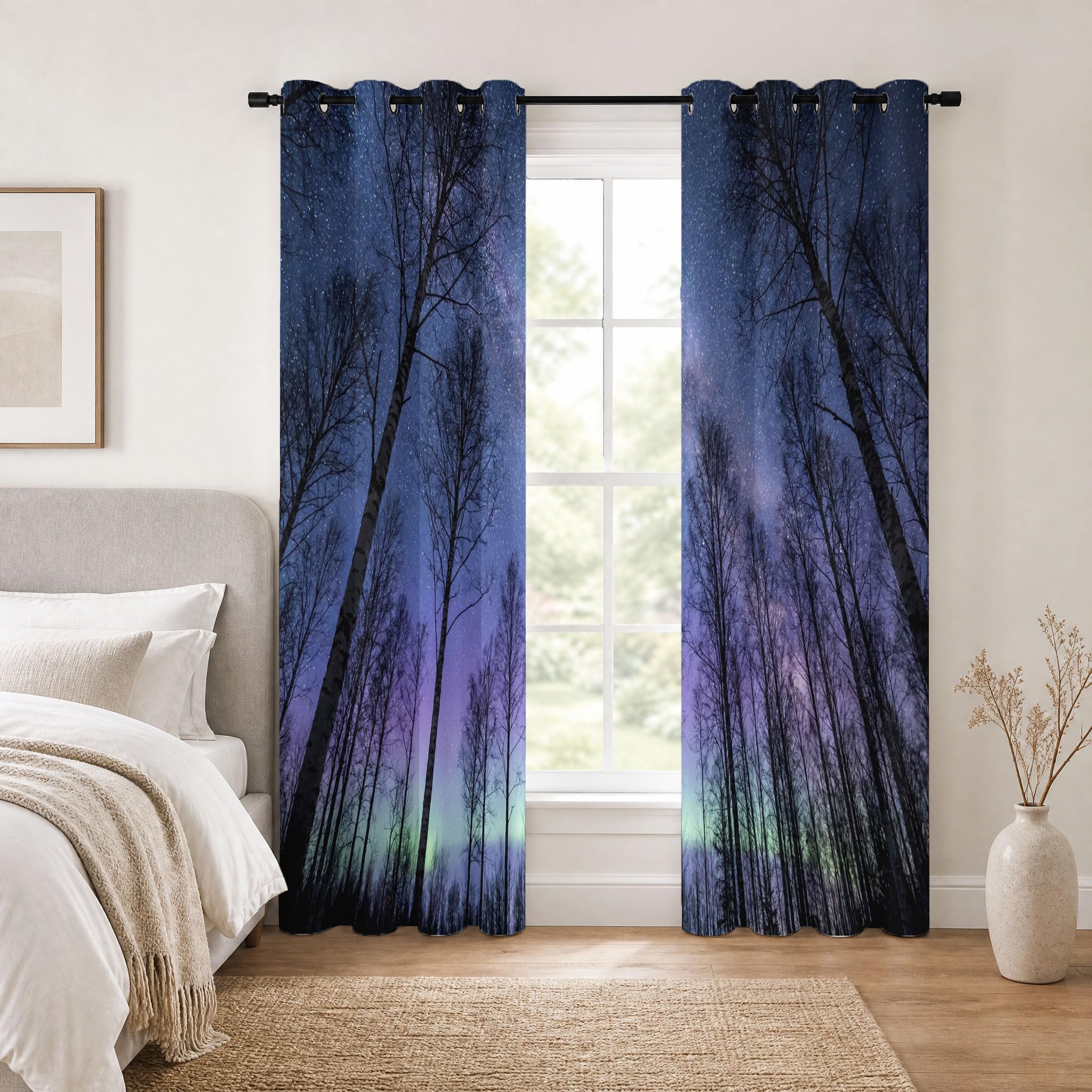 Cortinas Opacas Salon La Naturaleza El Cielo Estrellado,Cortina Bosque Invernal para Dormitorio Decoracion Habitacion,Cortinas Termicas Blackout 140×245cm 2 Paneles,Azul