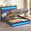 AOGLLATI Double Ottoman Bed Frame 135×190 cm with Charging Station & LED Lights, Upholstered Platform Bed frame with Under-bed Storage and Storage Headboard, No Box Spring Needed, Dark Grey Linen