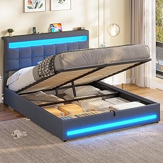 AOGLLATI Lit Coffre 140×190 cm avec LED et Ports USB, Lit Double Rembourré avec Rangement hydraulique, tête de lit réglable en Hauteur, Sommier à Lattes, Facile à Assembler, Gris Foncé（sans Matela）