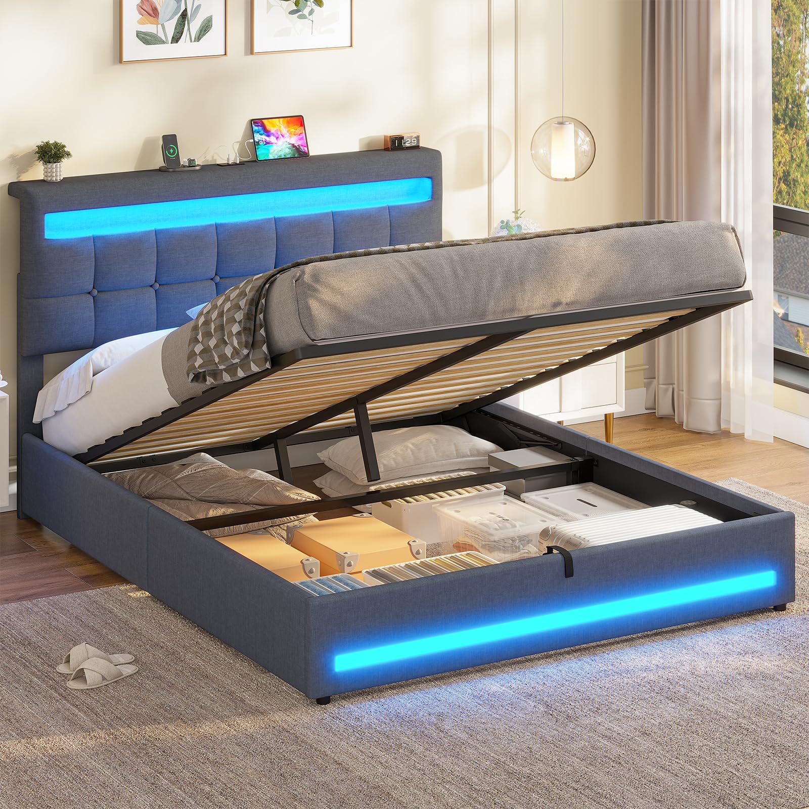 AOGLLATI Double Ottoman Bed Frame 135×190 cm with Charging Station & LED Lights, Upholstered Platform Bed frame with Under-bed Storage and Storage Headboard, No Box Spring Needed, Dark Grey Linen — image 1
