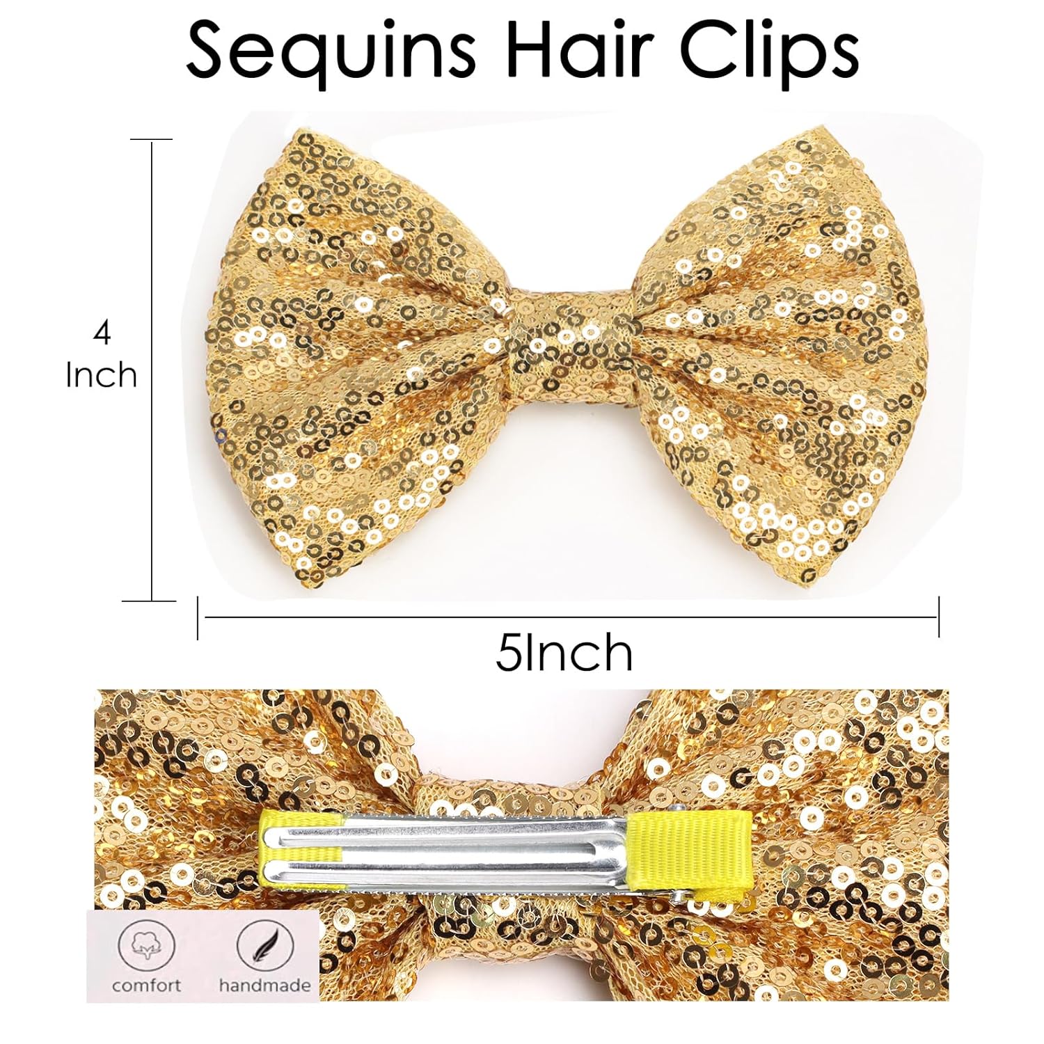 KISZU Large 5 Inch Glitter Hair Bows Clips, Sparkling Sequin Big Bow HairPins for Baby Girls Children Teens and Women (Gold) - Image 6