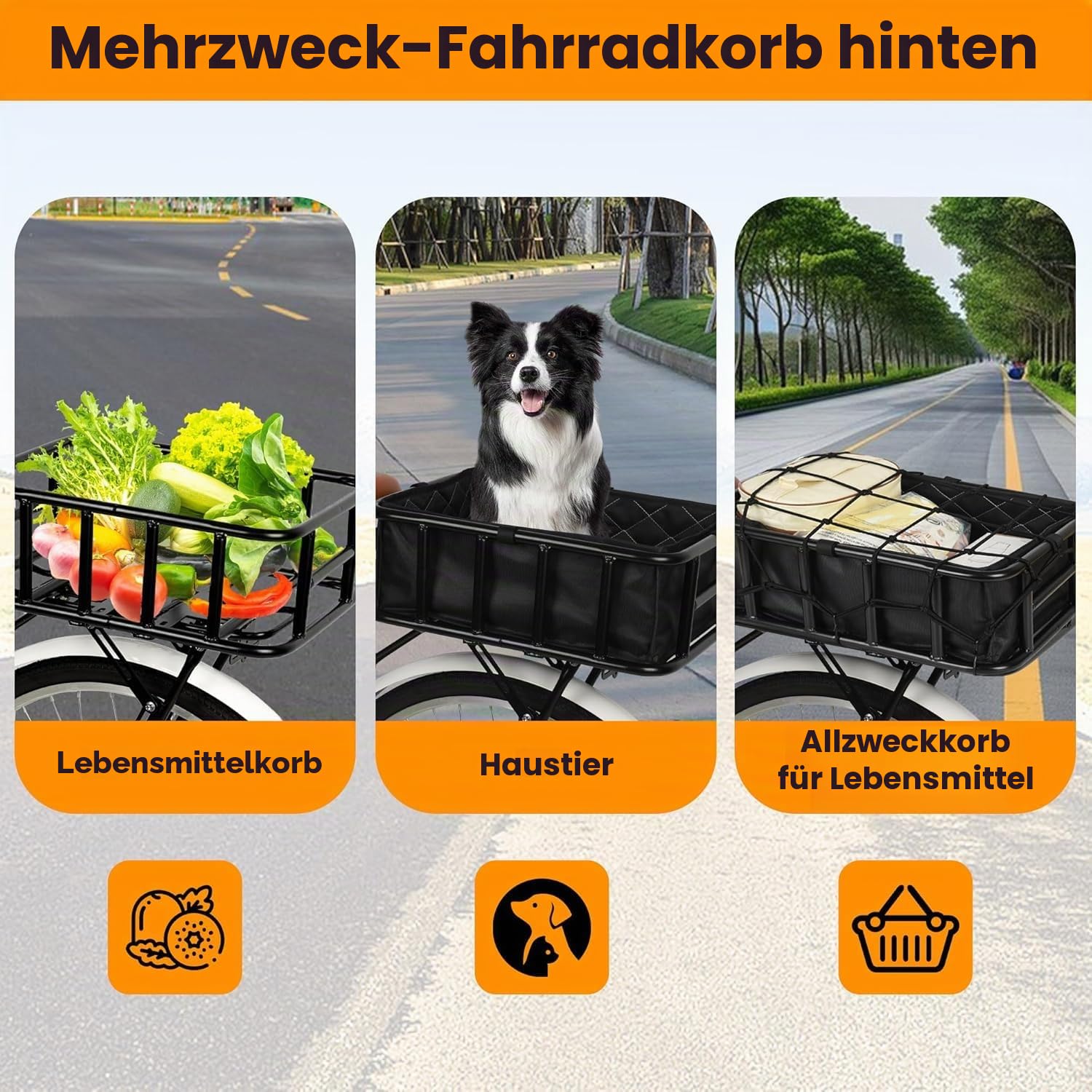 Fahrradkorb Hinten Groß, Fahrradkorb Gepäckträger aus Metall Hinten mit Ladungsnetz und Eine Dicke Futterung, Korb Hinten Ebike, für Die Meisten Fahrräder und E-Bikes