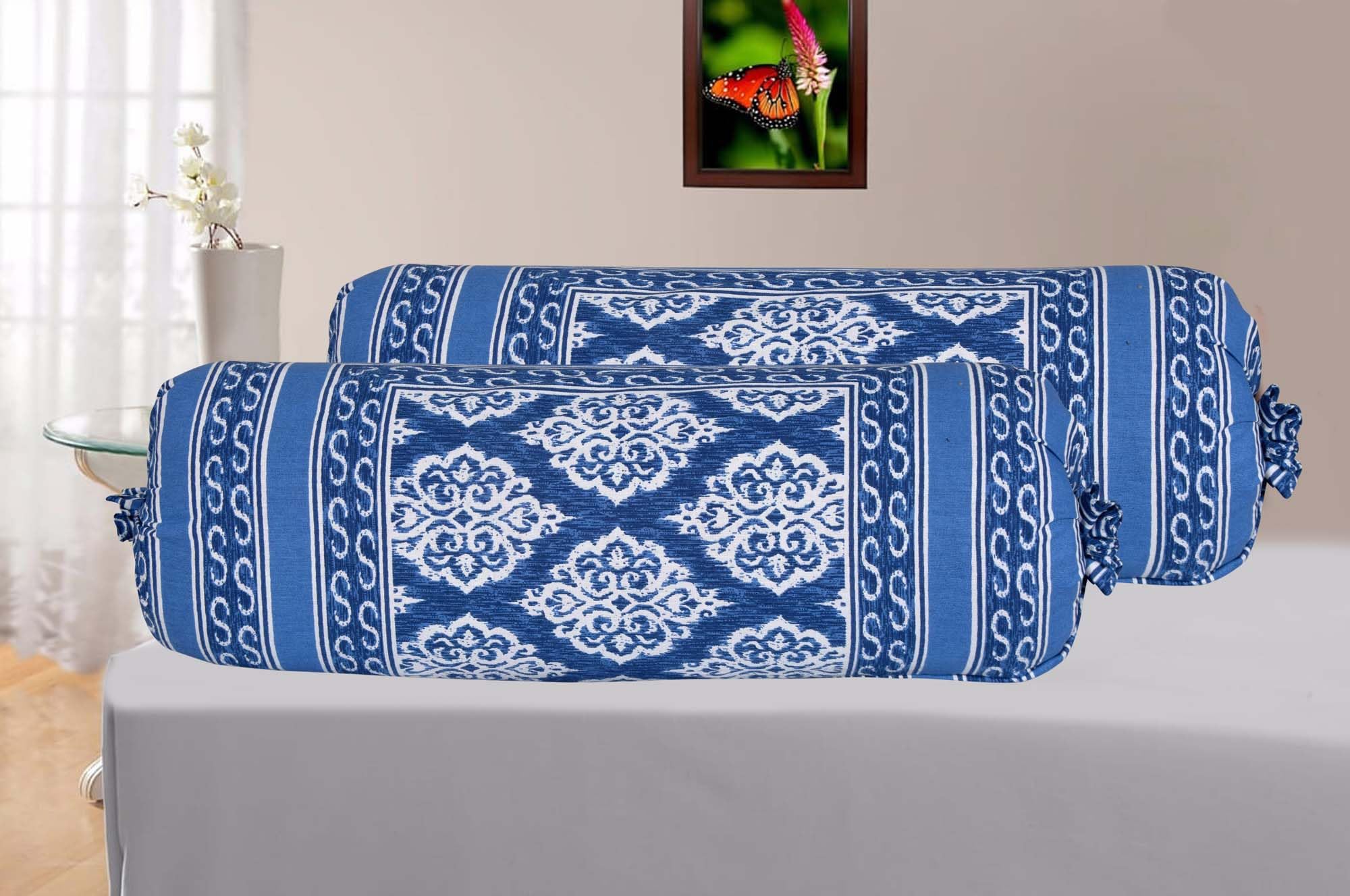 AMLEXTTRIZ Damask Print Bolster Cover 100% Pure Cotton Set of 2 | Round Decorative Pillow Cover for Diwan | Bed Side Long Pillow Case | | Masand Pillowcases (16x32 Inch) (Blue)-image-16