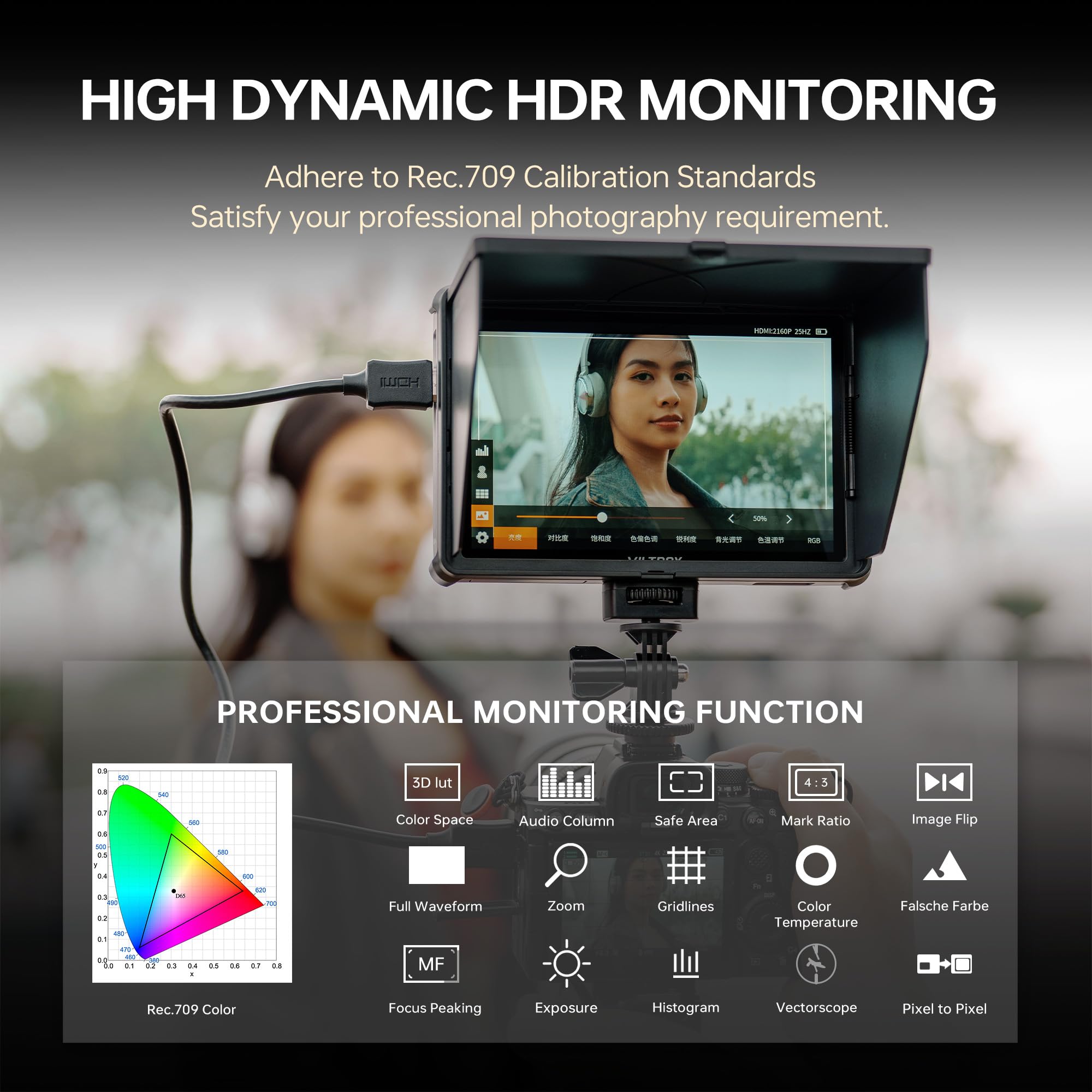 VILTROX DC-L1 7" Kamera Field Monitor Touchscreen DSLR Kamera Monitor mit 170° Weitwinkel 600 Nits, HD 1280x800 IPS 4K HDMI Loop In/Out mit Peak Focus Video Assist Waveform, Akku & Sonnenblende