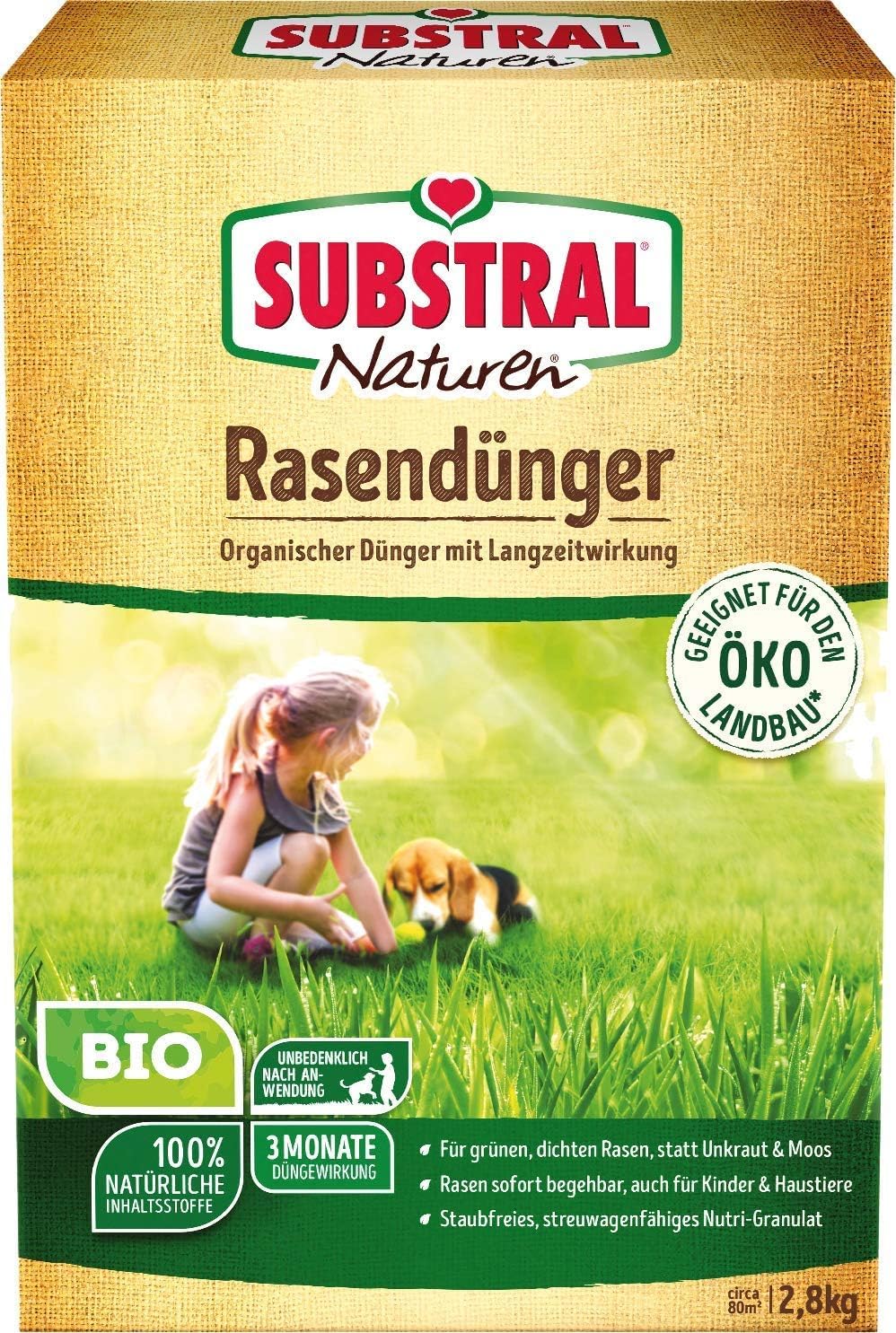 Substral Naturen Bio Rasendünger, organischer Volldünger, 3 Monate Langzeitwirkung, alle Rasenarten, bis zu 80 m², 2,8kg