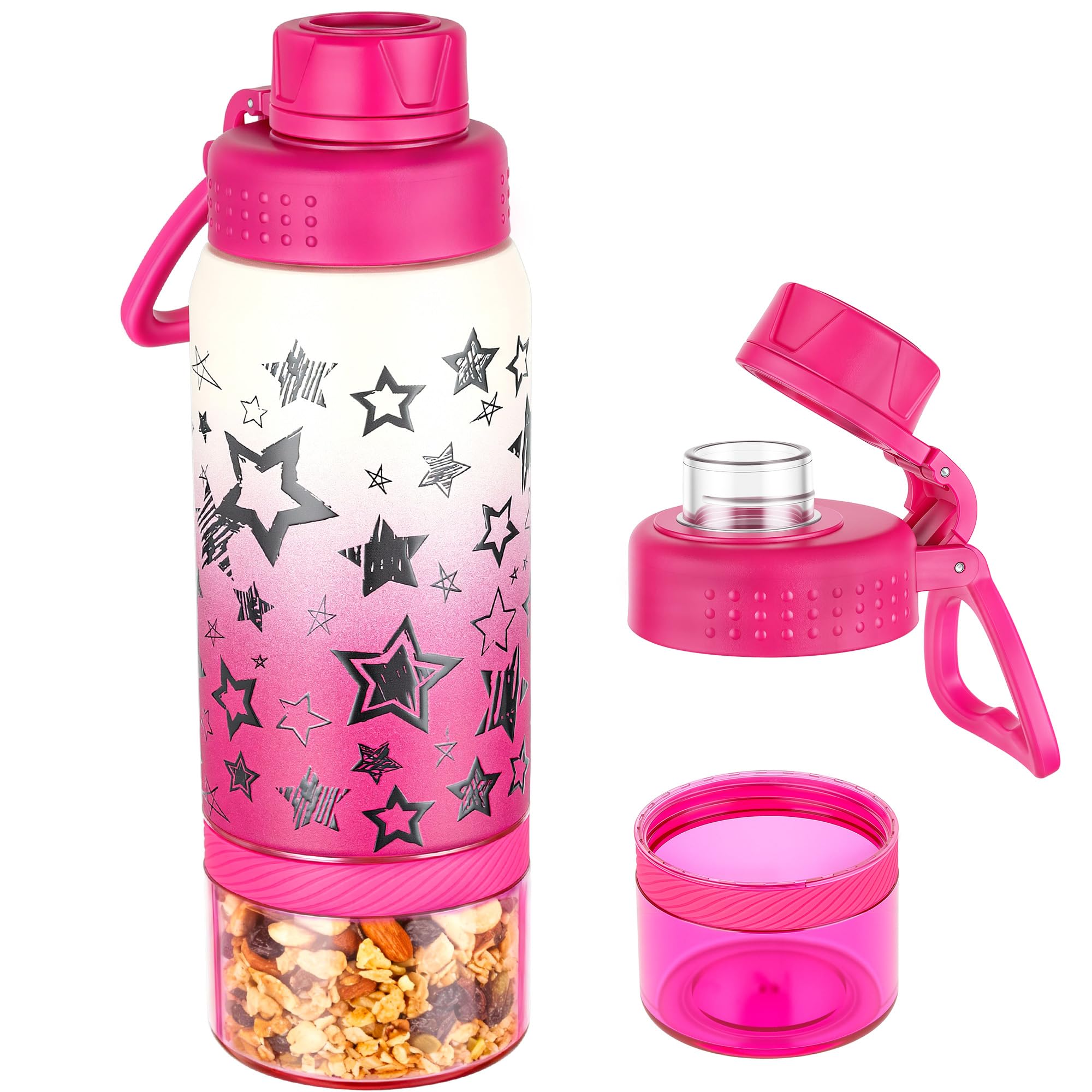 GOPPUS 18 oz Kids Insulated Water Bottle with Snack Container BPA-Free Stainless Steel Sports Bottle Keeps Drinks Cold