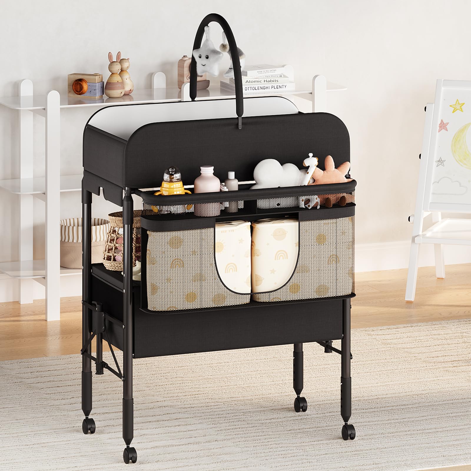 Table à Langer Pliable Bébé Avec 2 Tiroirs, Hauteur Réglable, Matelas Imperméable, Rangement Nurserie, Tringle à Vêtements Et 4 Roulettes Verrouillables, Noir